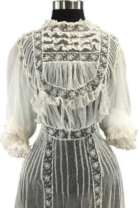 00&#x2019;s Edwardian White Lace And Net Dress Drop Bosom