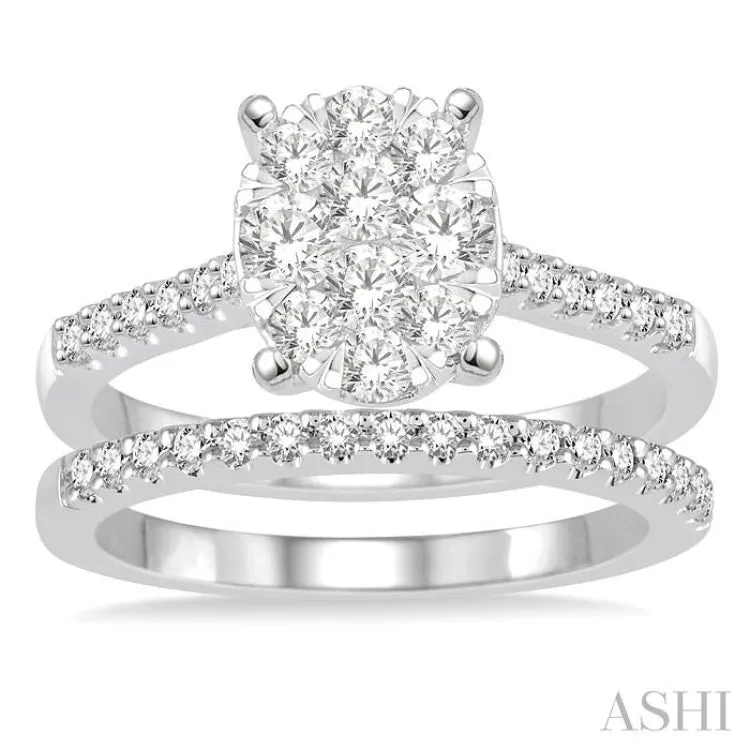 1 Ctw Diamond Lovebright Wedding Set With 3/4 Ctw Oval Shape Engagement Ring and 1/5 Ctw Wedding Band in 14K White Gold