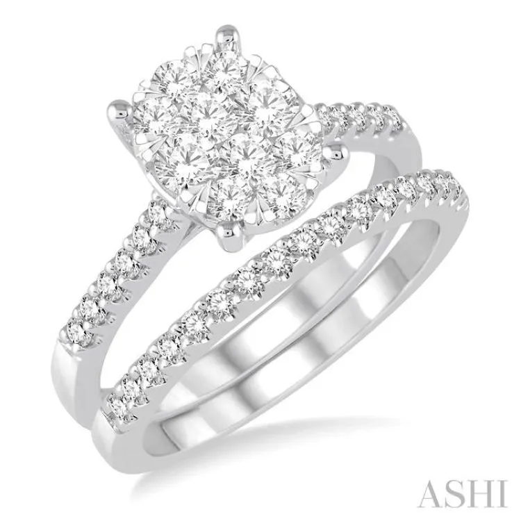 1 Ctw Diamond Lovebright Wedding Set With 3/4 Ctw Oval Shape Engagement Ring and 1/5 Ctw Wedding Band in 14K White Gold