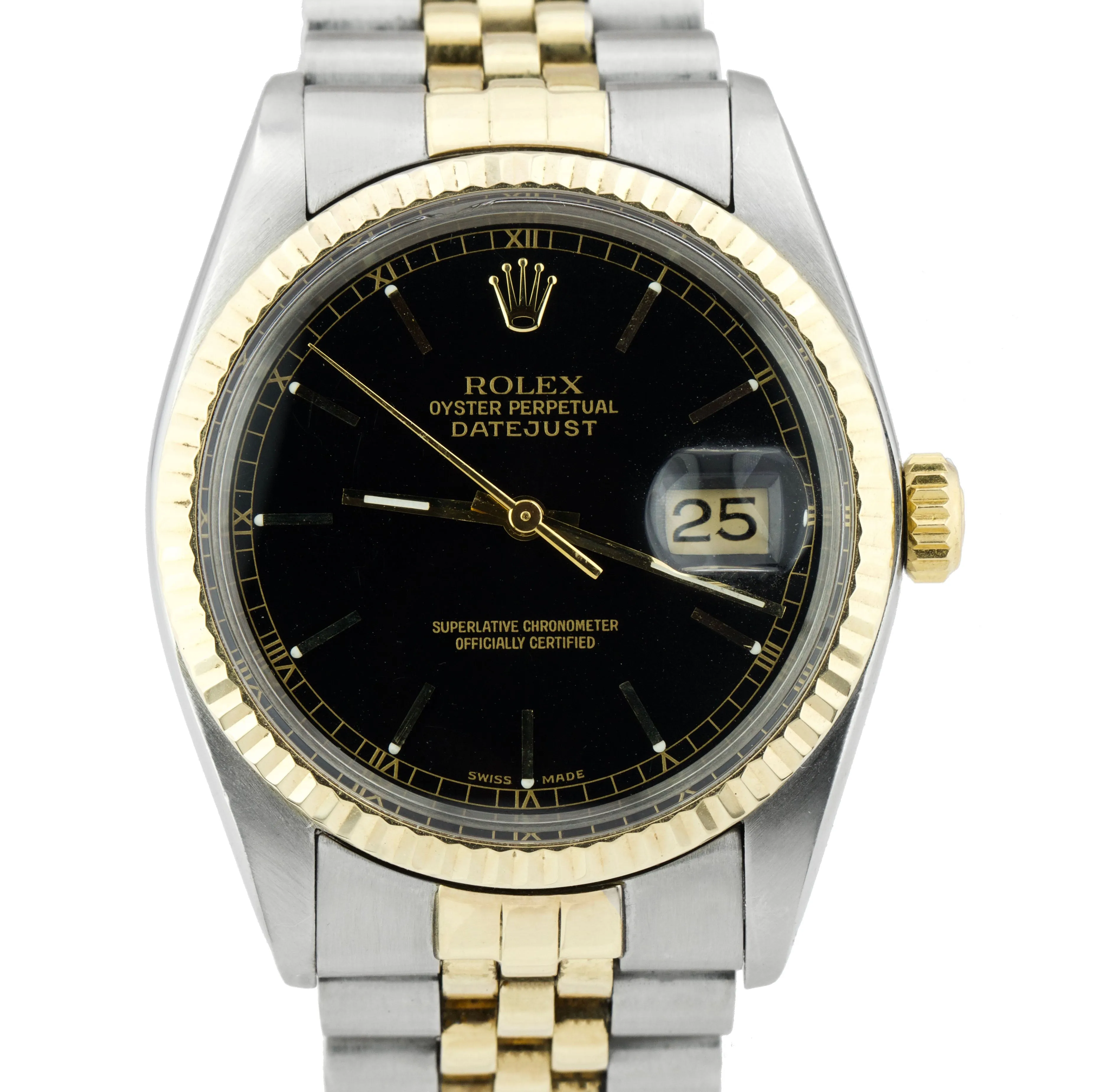 1980 Rolex DateJust 36mm 16013 Two-Tone Stainless Gold Black Dial Jubilee Watch