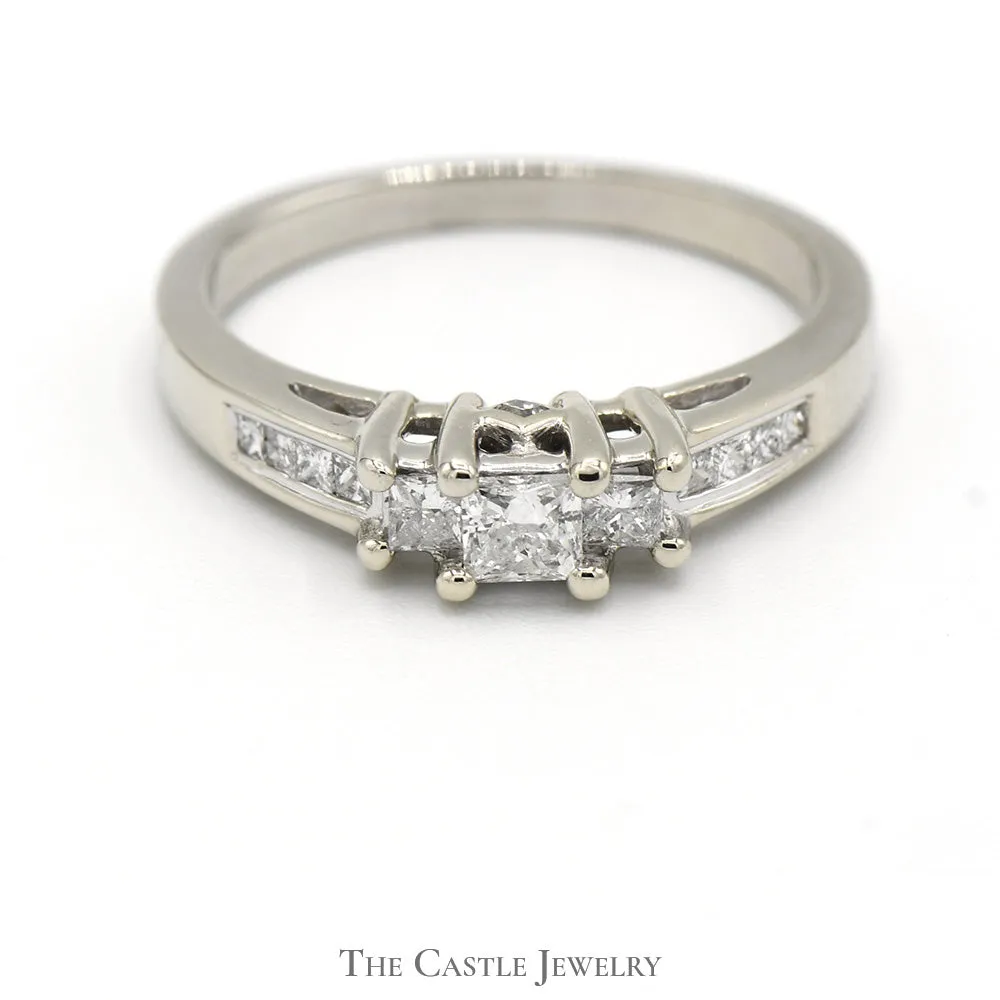 3 Stone Princess Cut Diamond Engagement Ring with Channel Set Diamond Accents in 14k White Gold