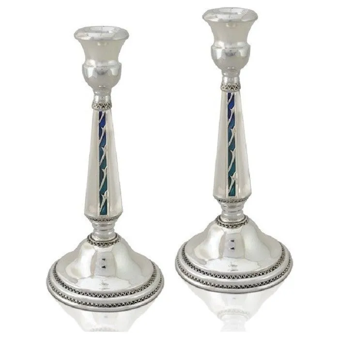 925 Sterling Silver Enamel Embellished Shabbat Candlesticks Candleholders 6" Made in Israel By NADAV