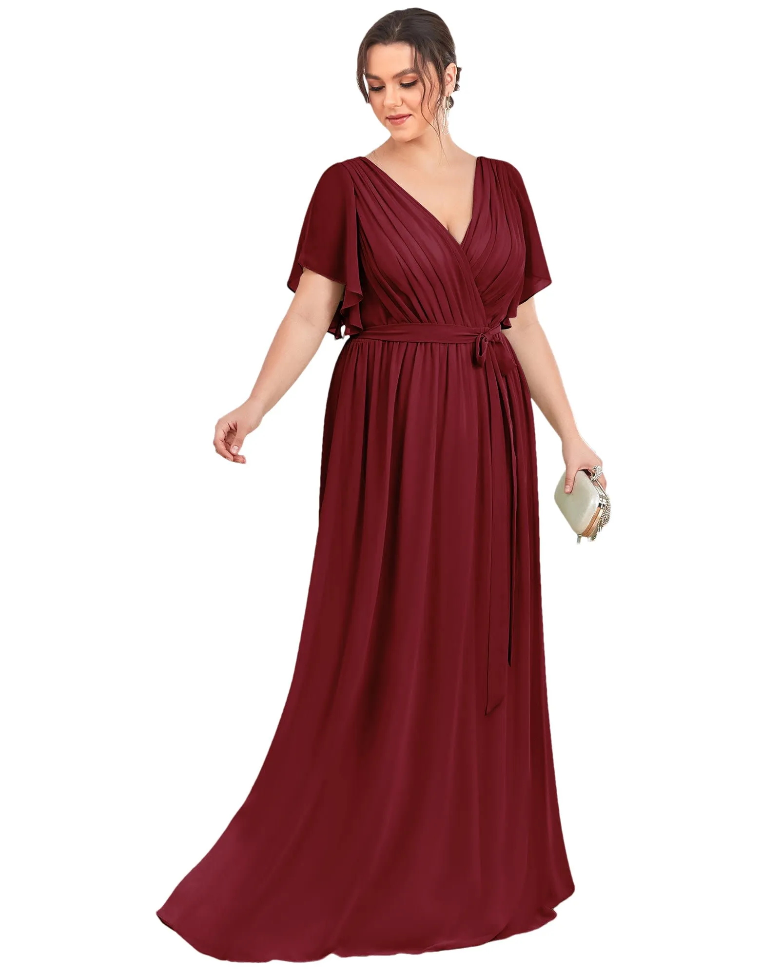 A-Line Pleated Chiffon Tie-Waist Evening Dress | Burgundy