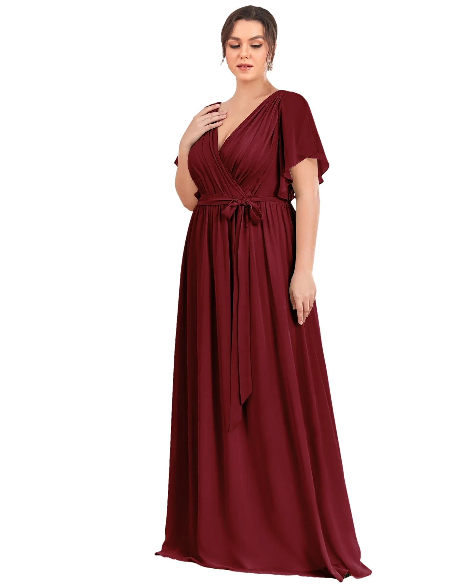 A-Line Pleated Chiffon Tie-Waist Evening Dress | Burgundy