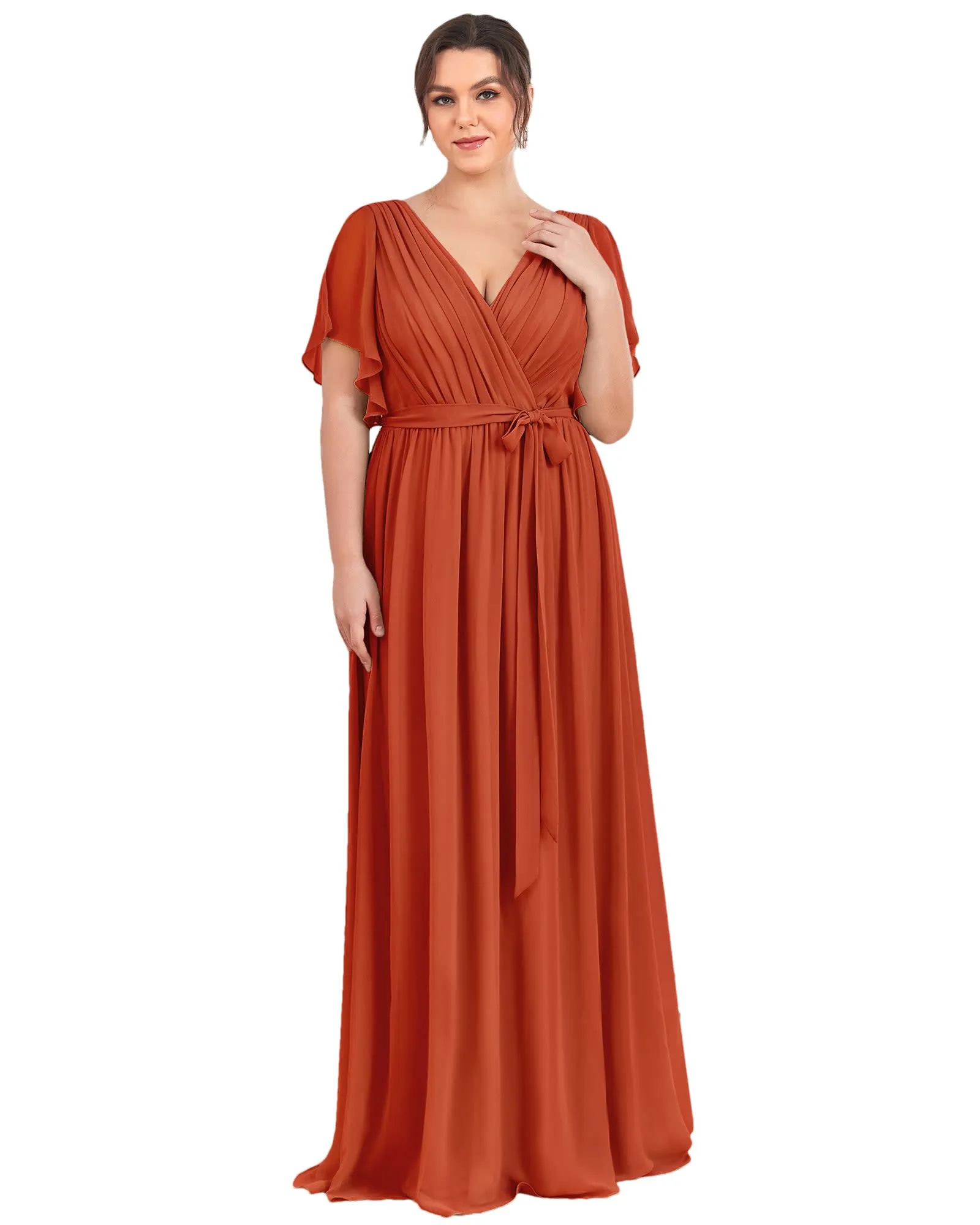 A-Line Pleated Chiffon Tie-Waist Evening Dress | Burnt Orange