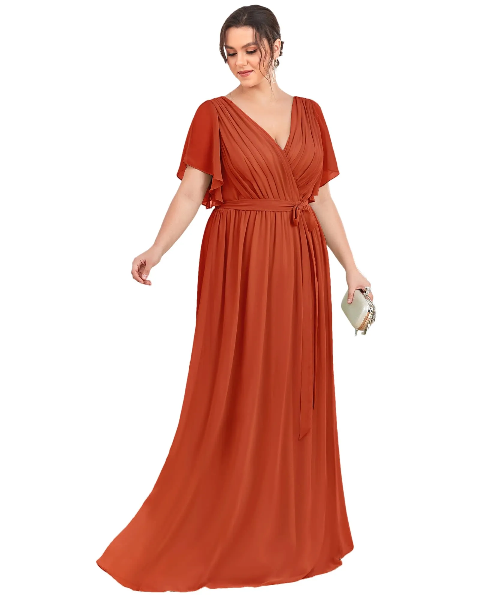 A-Line Pleated Chiffon Tie-Waist Evening Dress | Burnt Orange