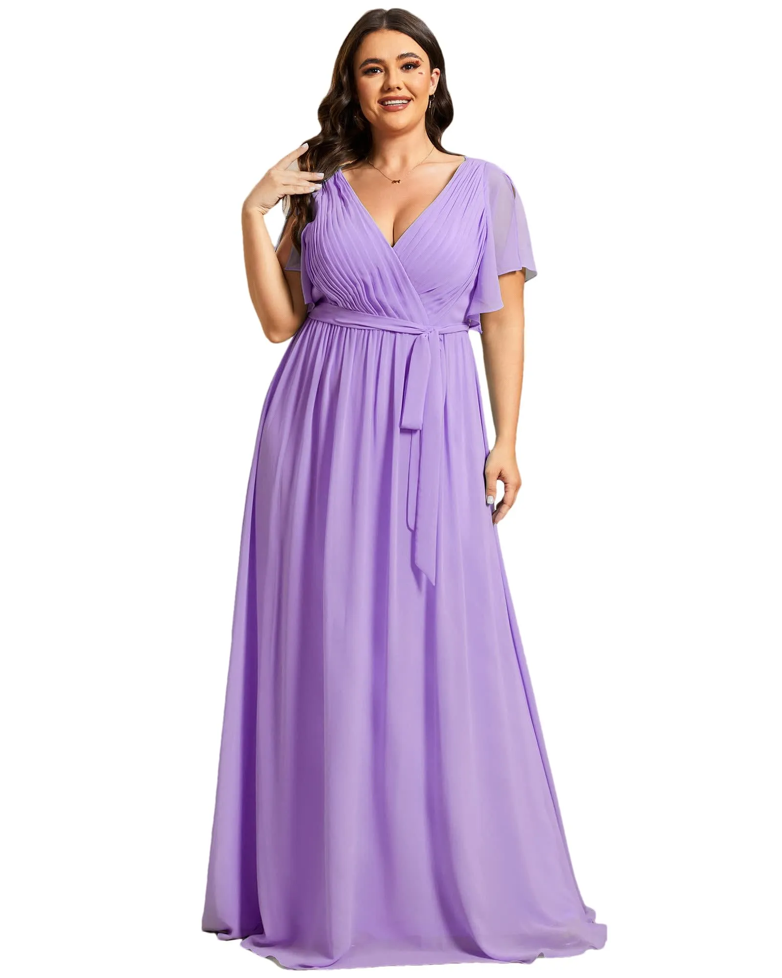 A-Line Pleated Chiffon Tie-Waist Evening Dress | Lavender