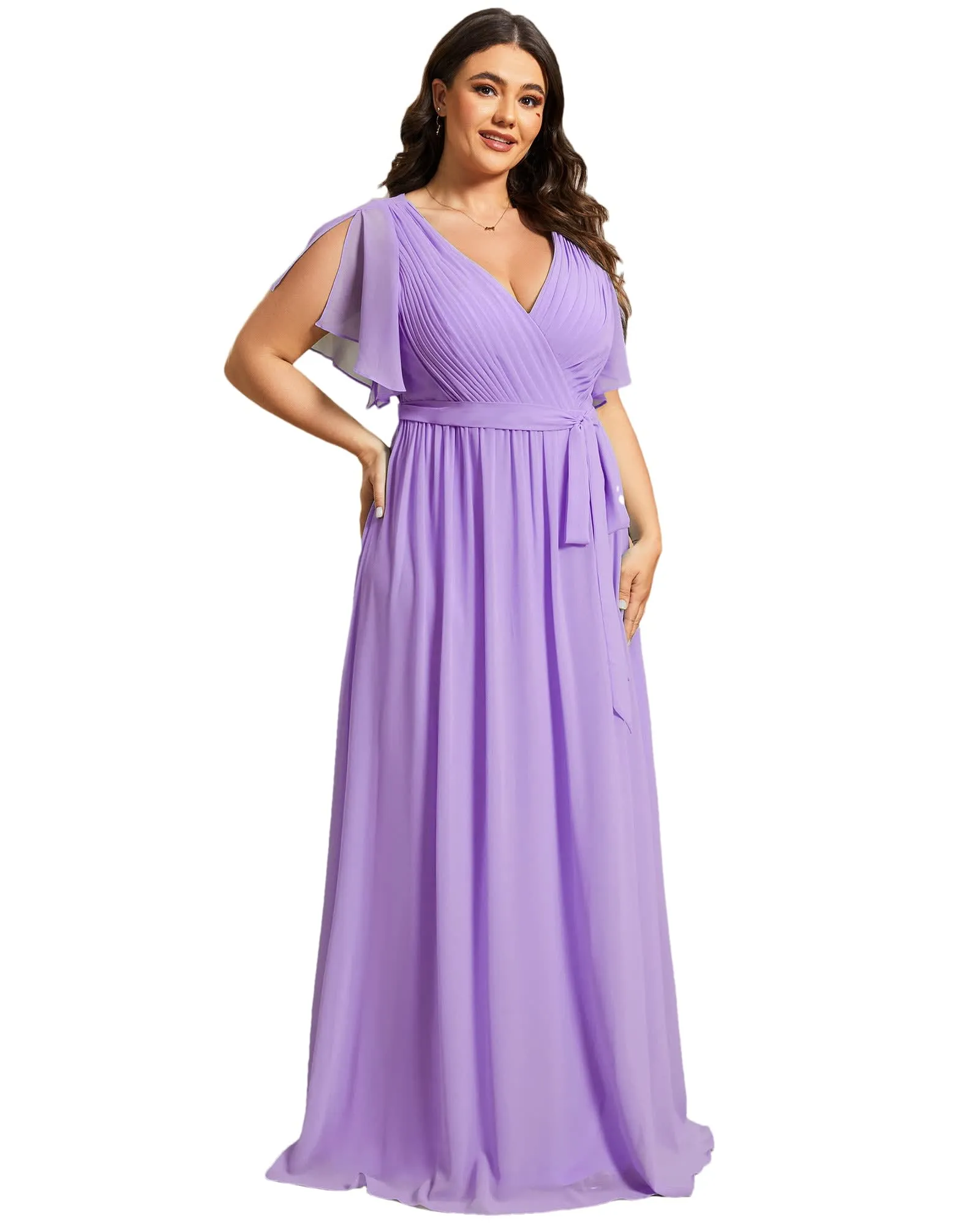 A-Line Pleated Chiffon Tie-Waist Evening Dress | Lavender