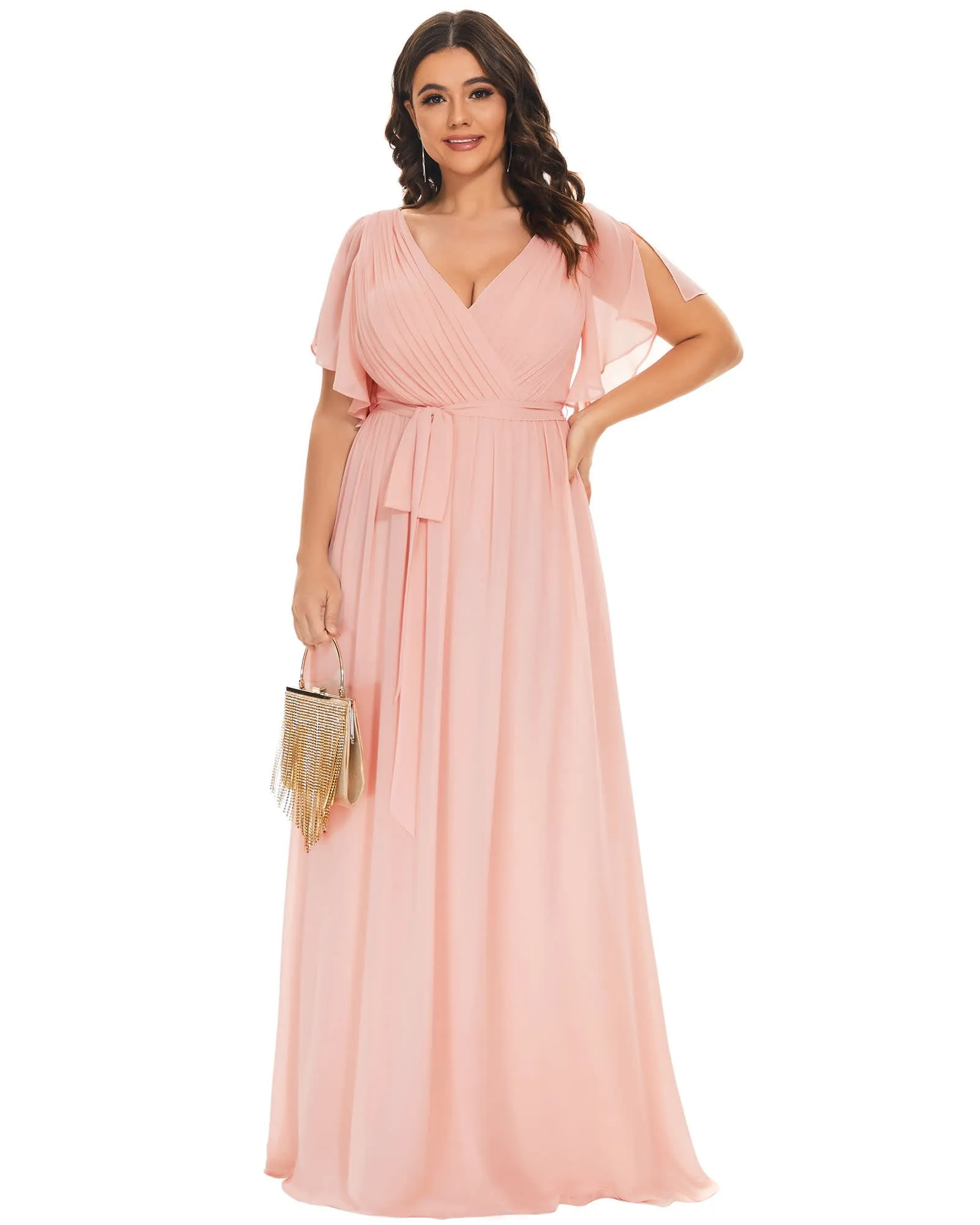 A-Line Pleated Chiffon Tie-Waist Evening Dress | Pink