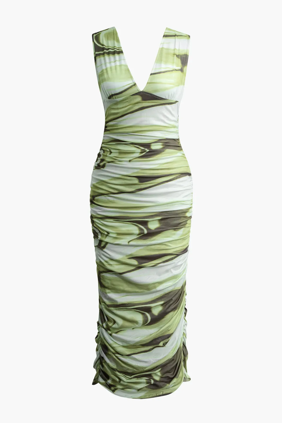 Abstract Print V-neck Ruched Tank Maxi Dress