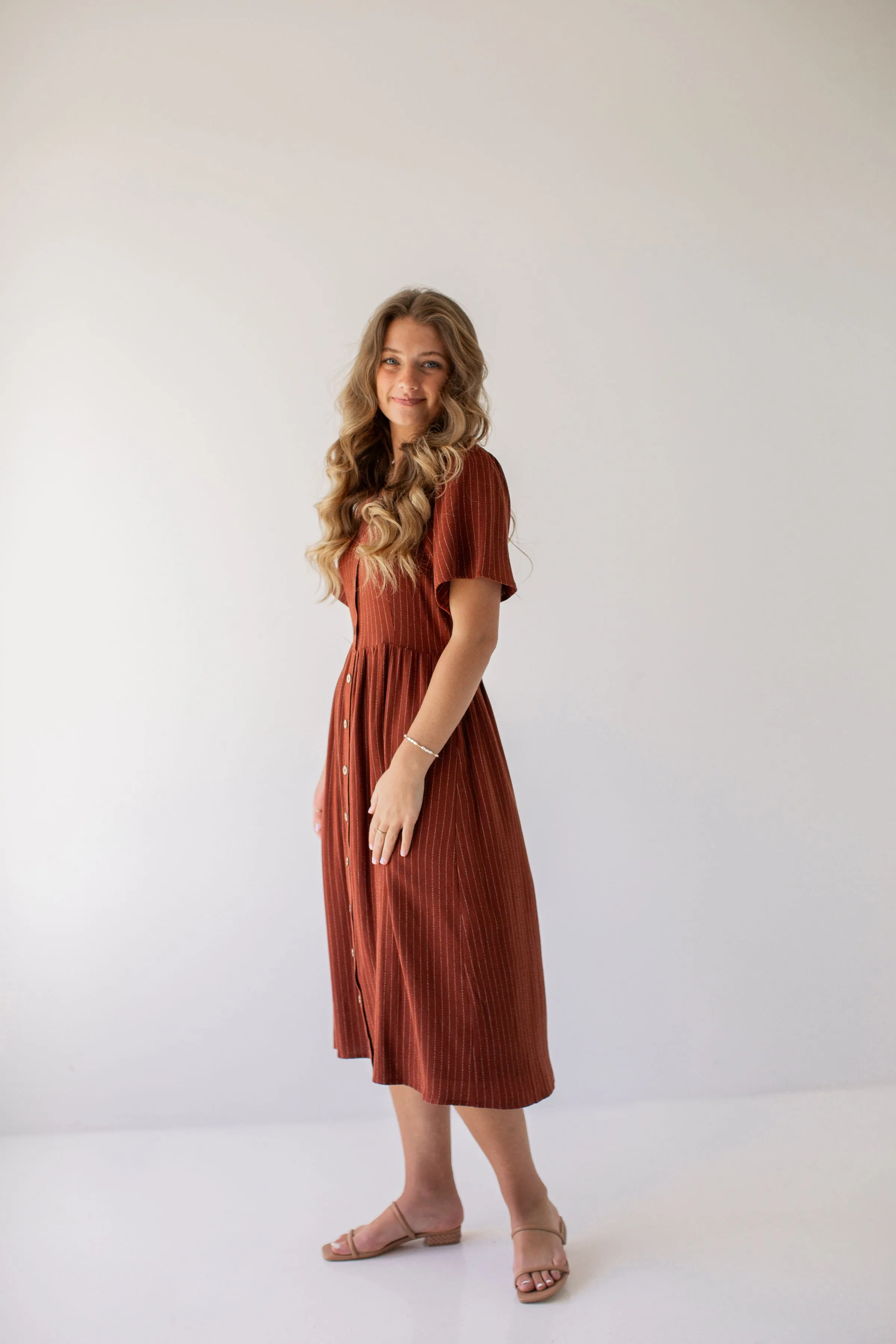 'Addy' Button Front Striped Linen Blend Dress