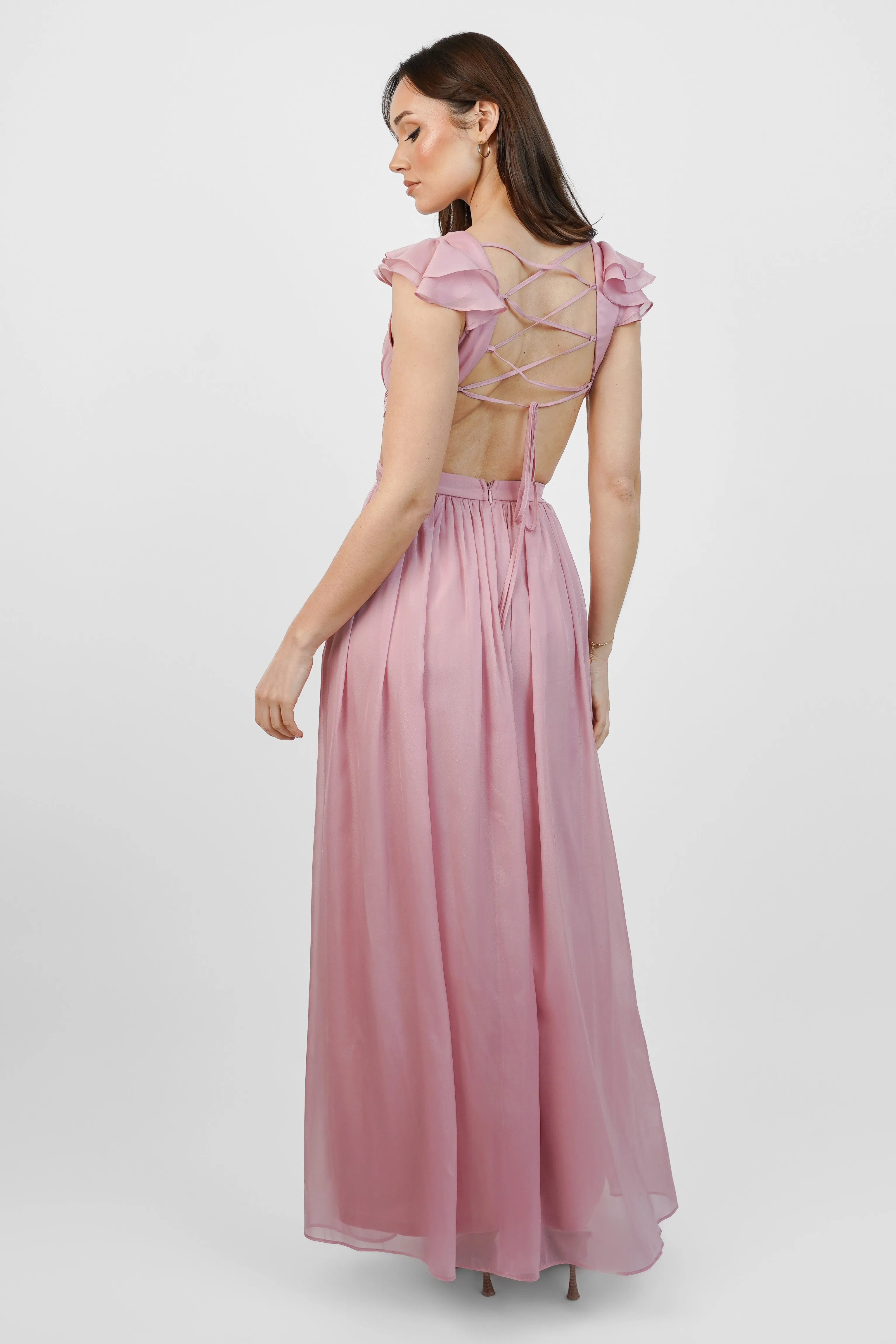 Adeline Metallic Chiffon Maxi Dress in Baby Pink