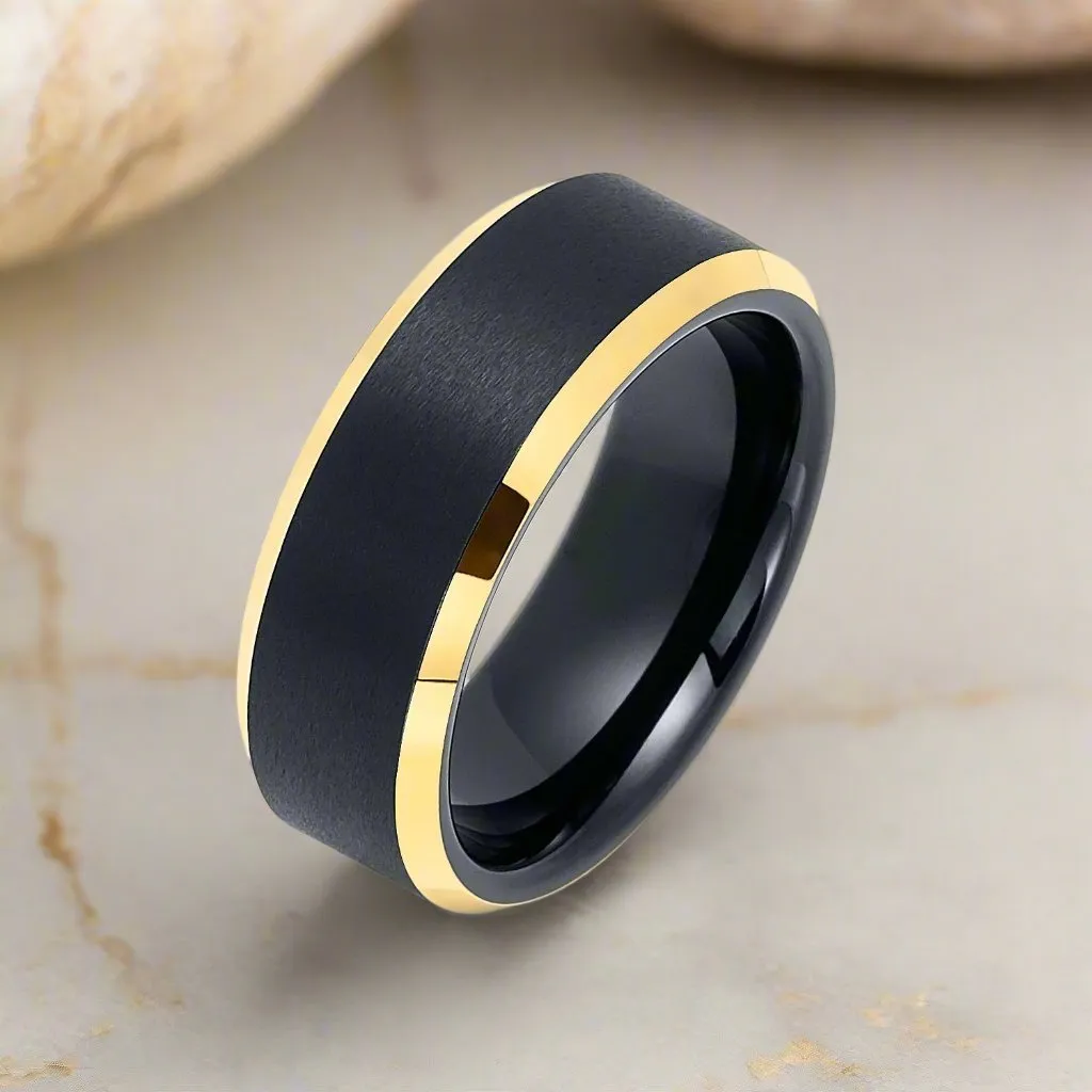 AERGLO | Black Tungsten Ring, Brushed, Gold Beveled Edges