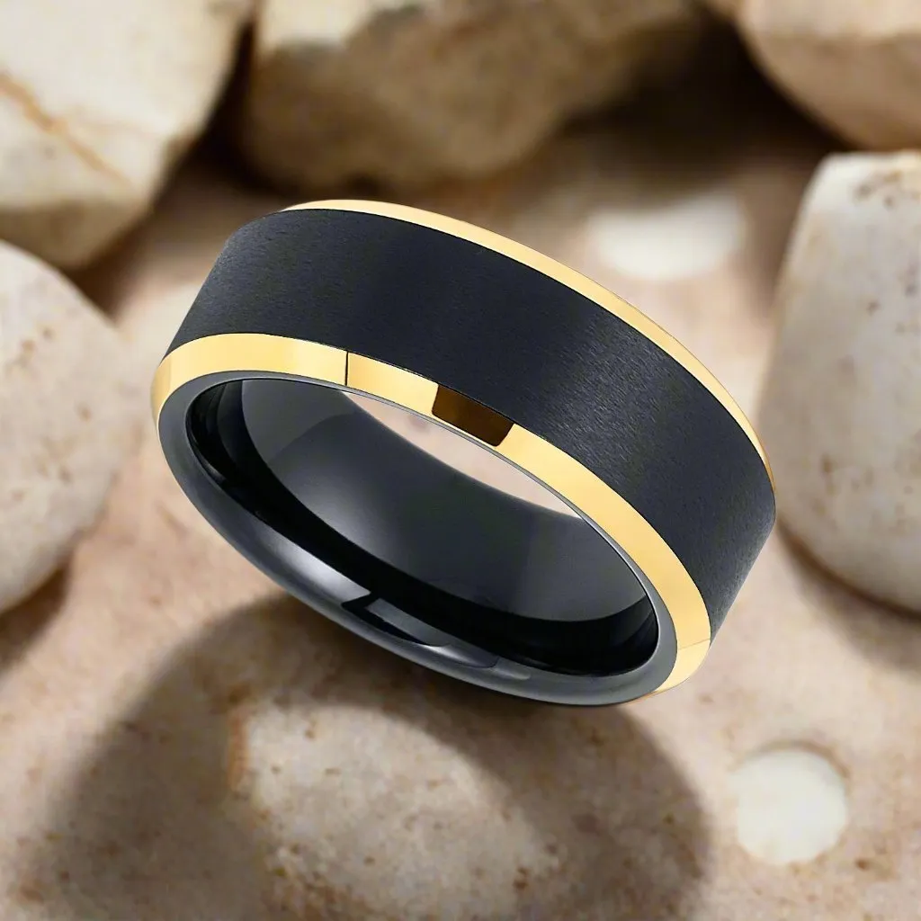 AERGLO | Black Tungsten Ring, Brushed, Gold Beveled Edges