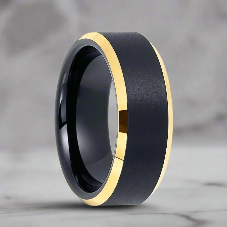 AERGLO | Black Tungsten Ring, Brushed, Gold Beveled Edges