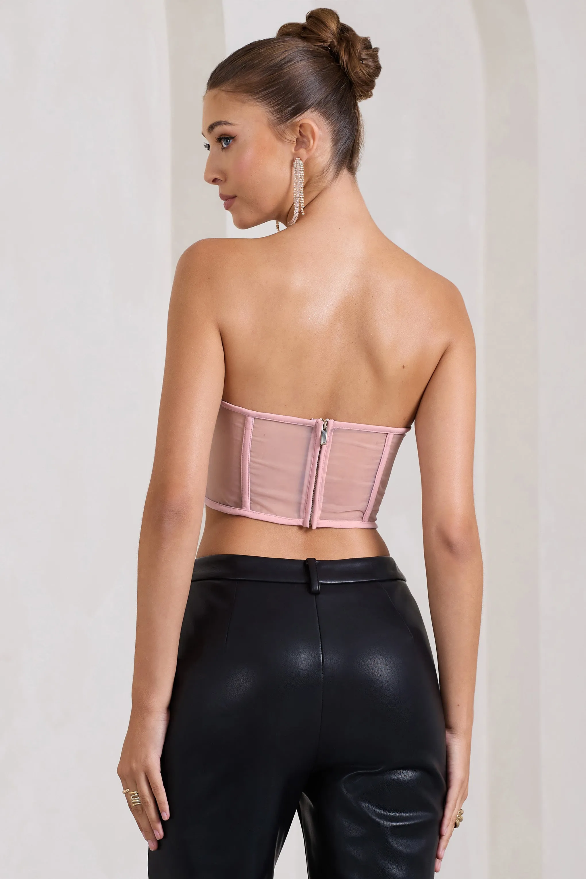 Alicia | Blush Pink Floral Mesh Strapless Corset Top