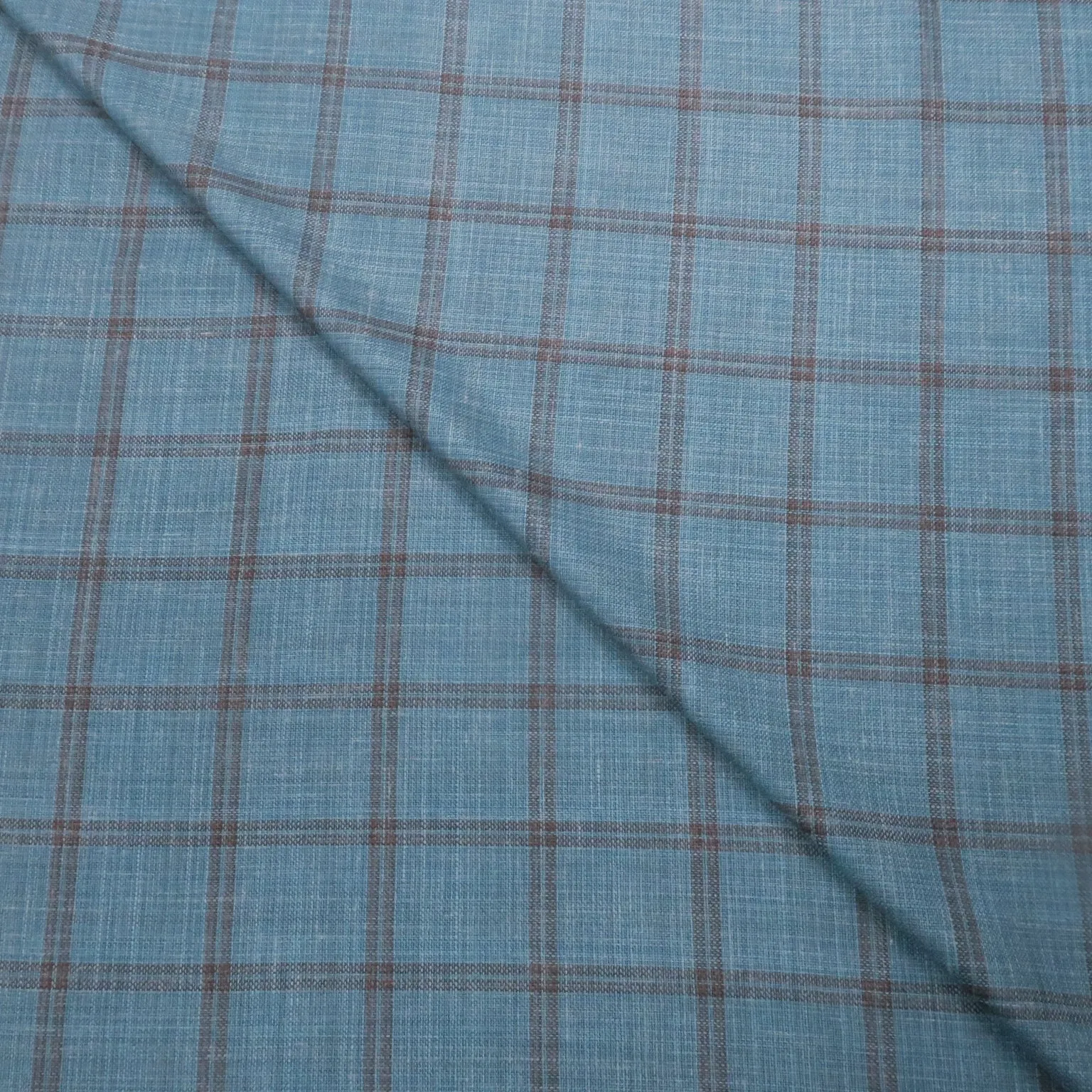 Almost Aqua with Brown Windowpane Summertime Wool Silk and Linen Loro Piana Fabric