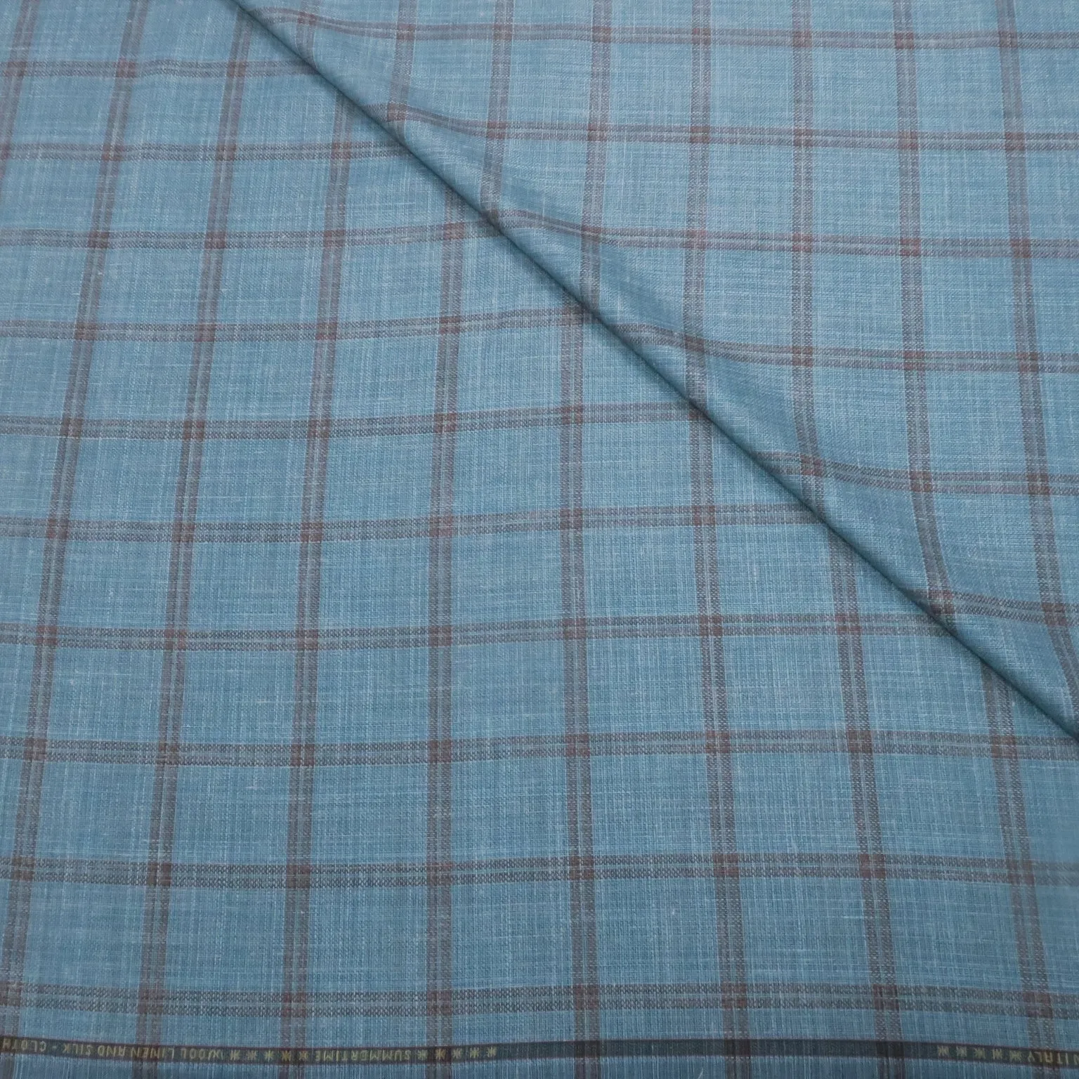 Almost Aqua with Brown Windowpane Summertime Wool Silk and Linen Loro Piana Fabric