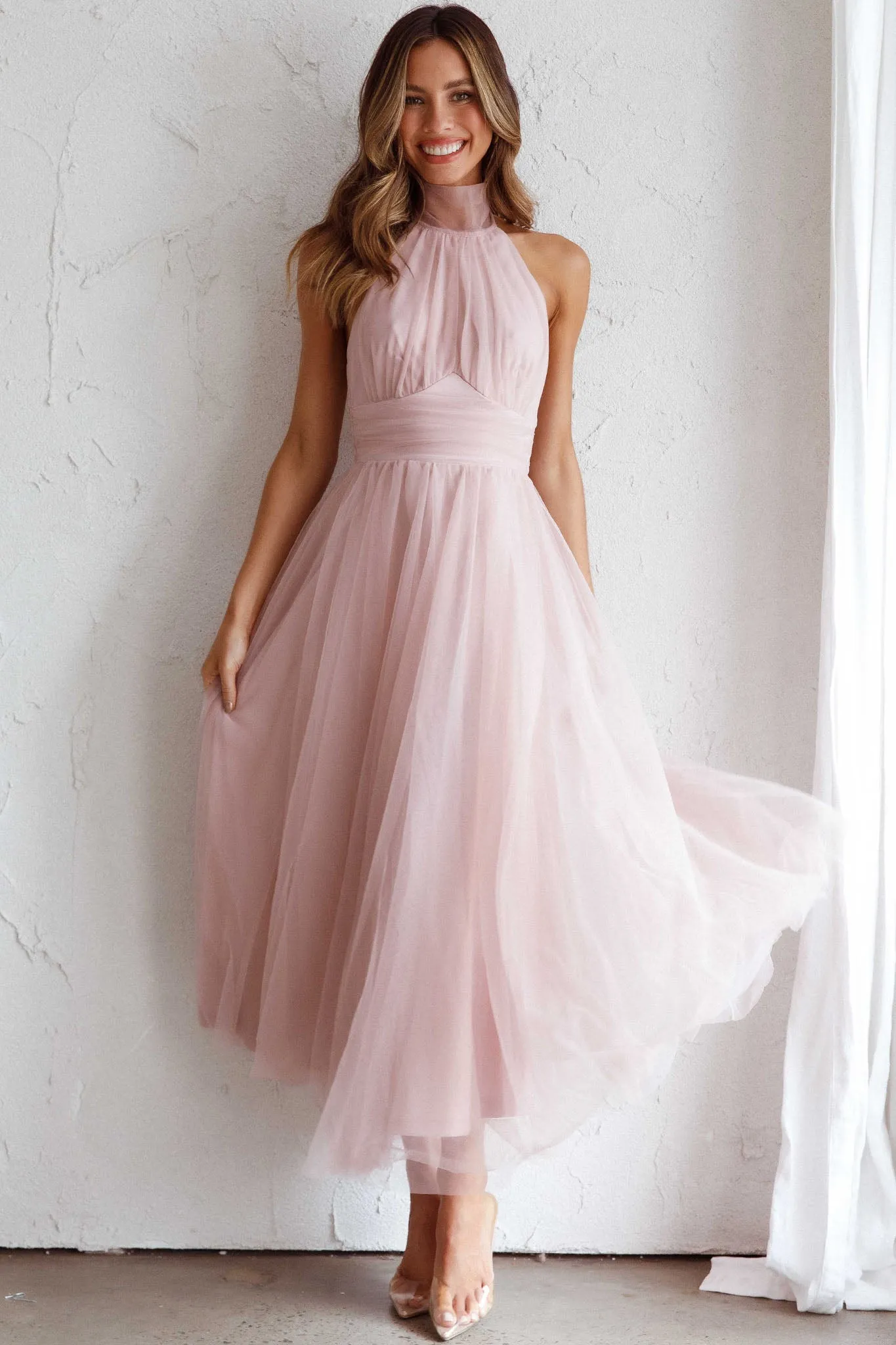 Andria Halterneck Tulle Midi Dress Blush