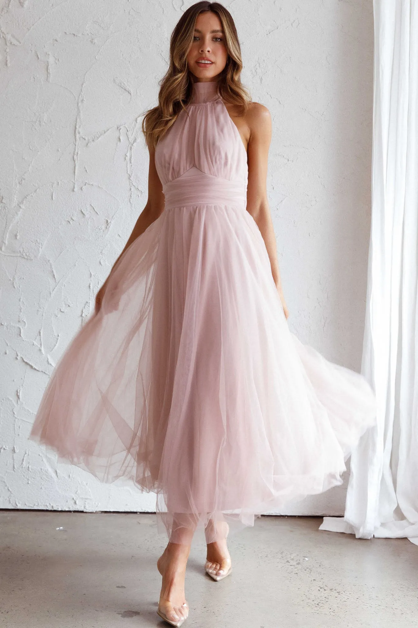 Andria Halterneck Tulle Midi Dress Blush