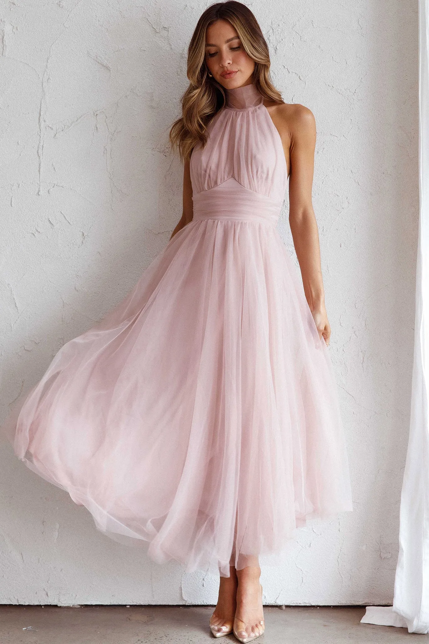 Andria Halterneck Tulle Midi Dress Blush