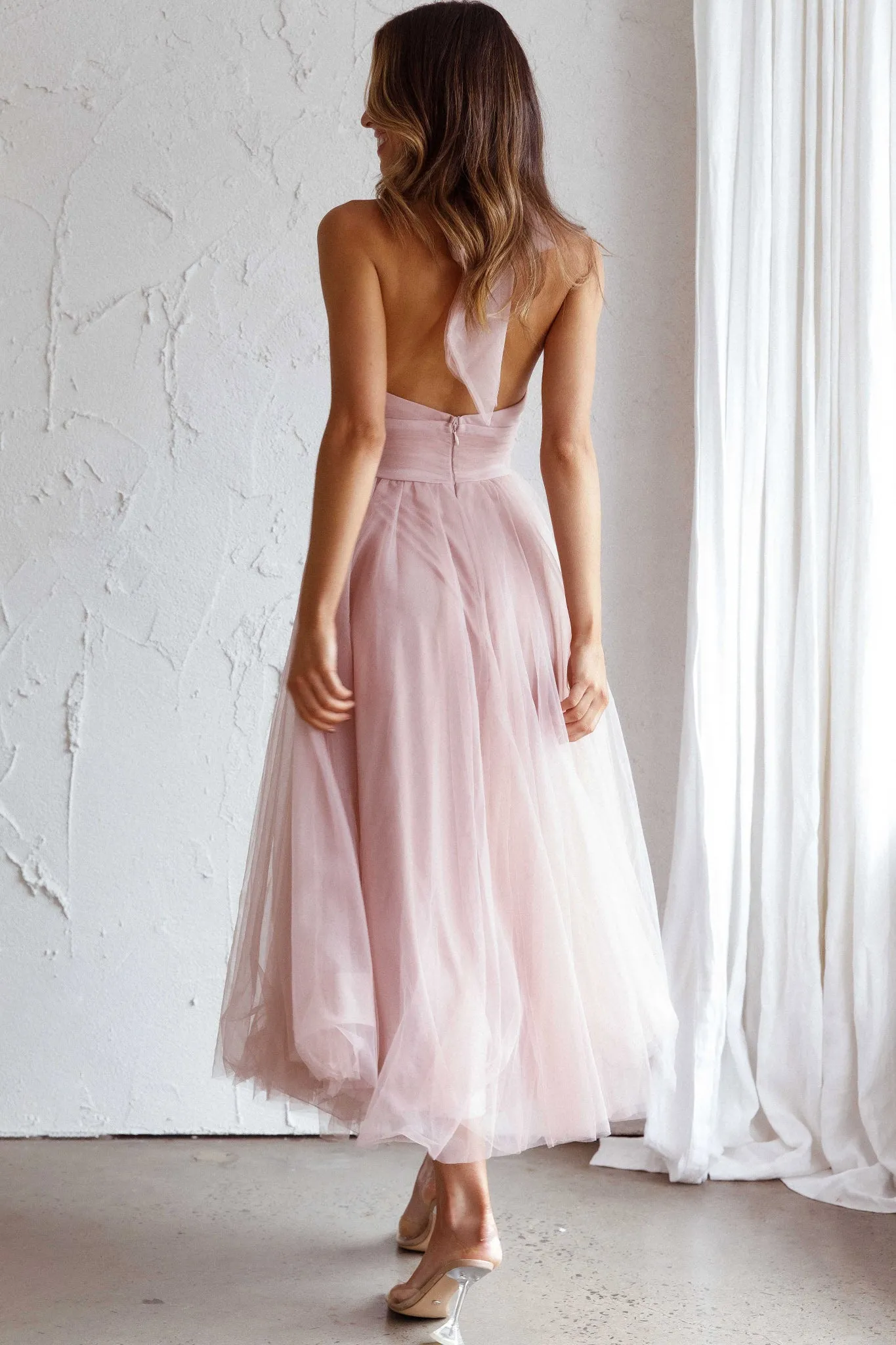 Andria Halterneck Tulle Midi Dress Blush