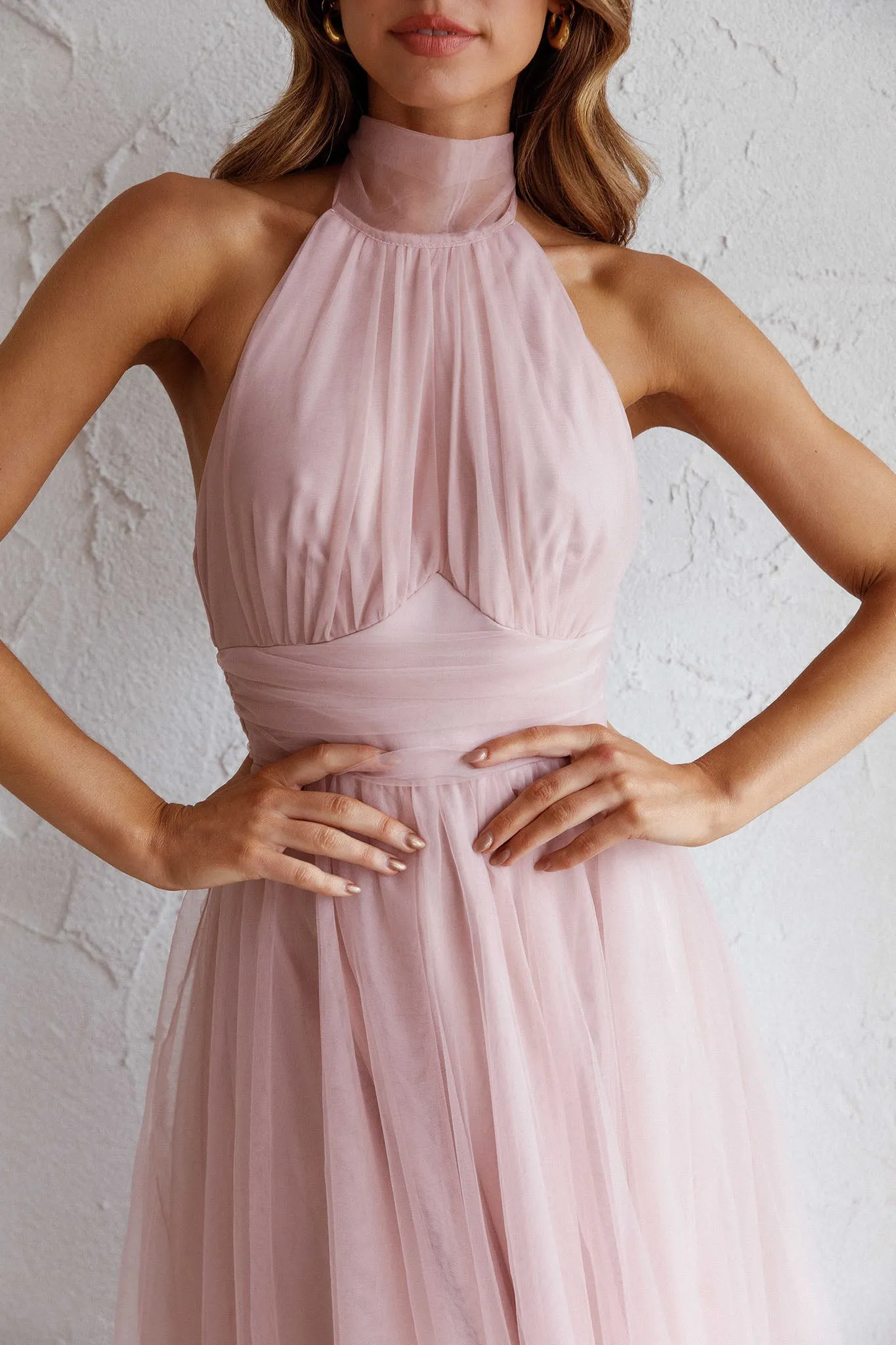 Andria Halterneck Tulle Midi Dress Blush