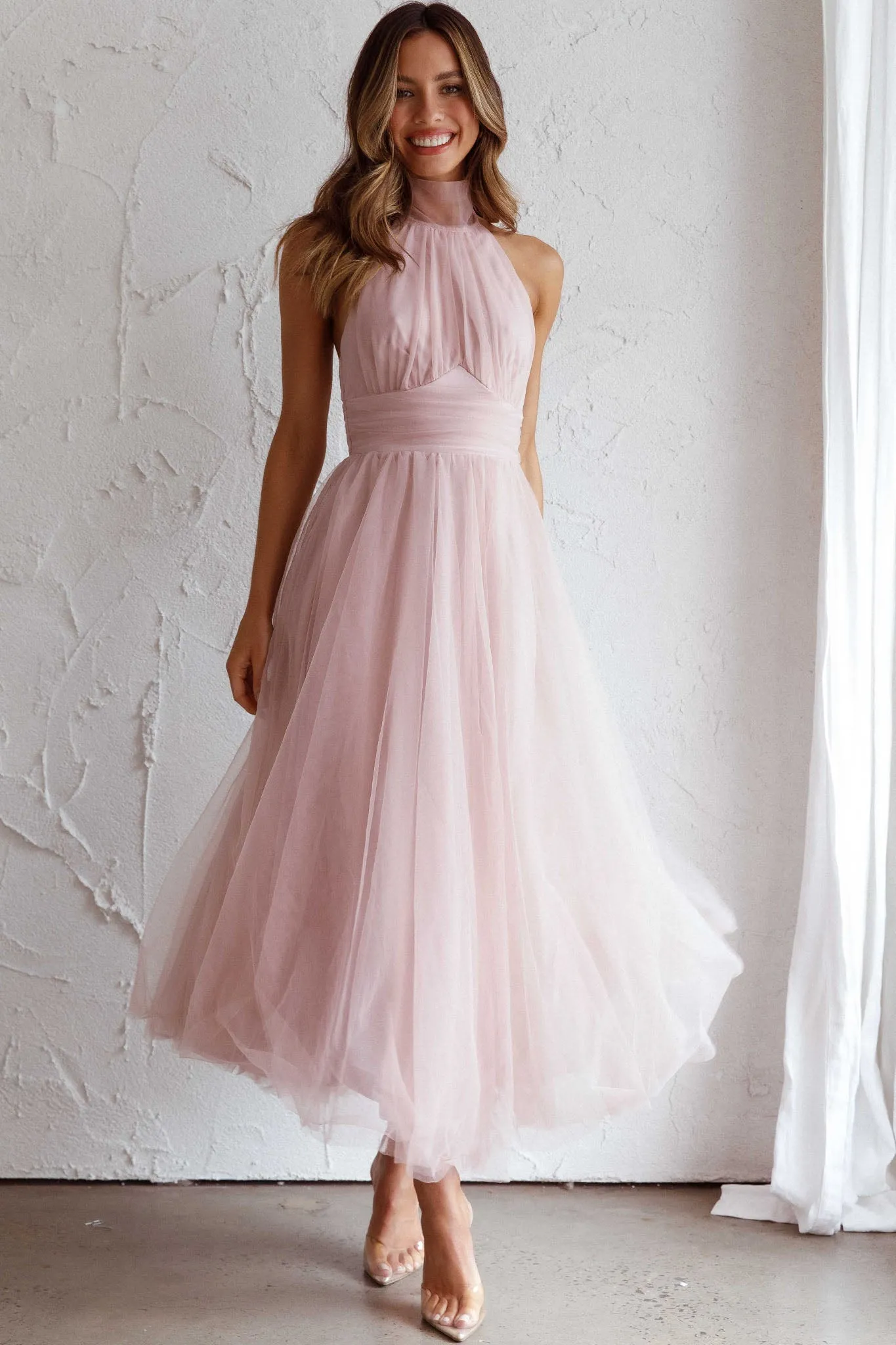 Andria Halterneck Tulle Midi Dress Blush