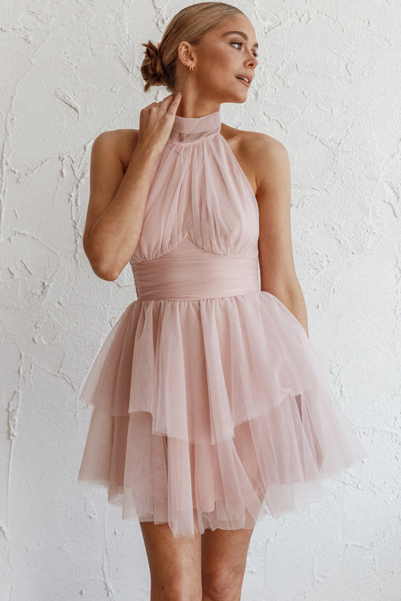 Andria Halterneck Tulle Mini Dress Blush