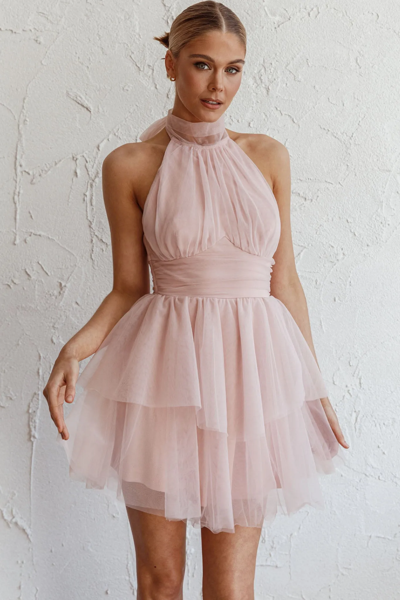 Andria Halterneck Tulle Mini Dress Blush