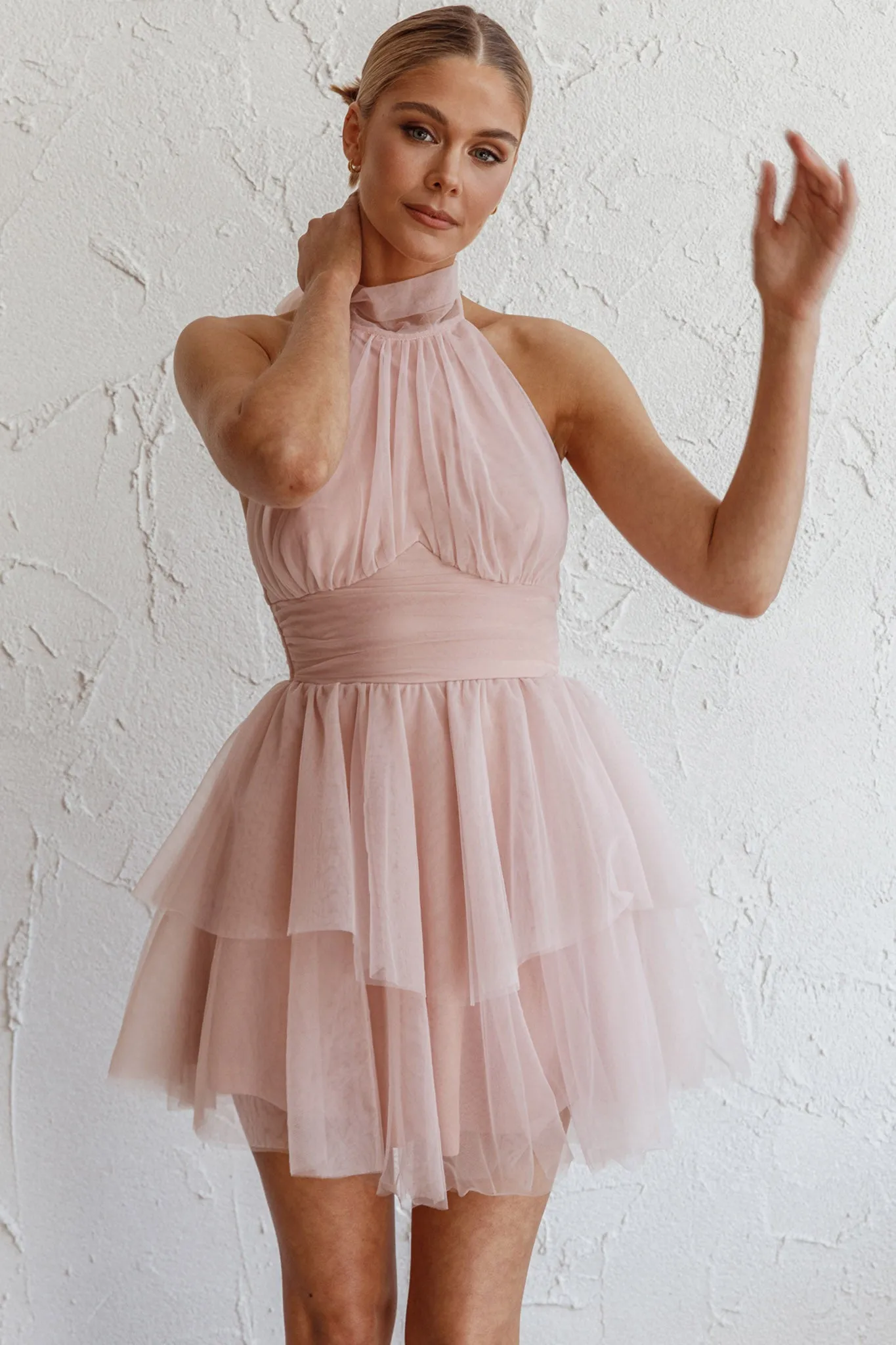 Andria Halterneck Tulle Mini Dress Blush