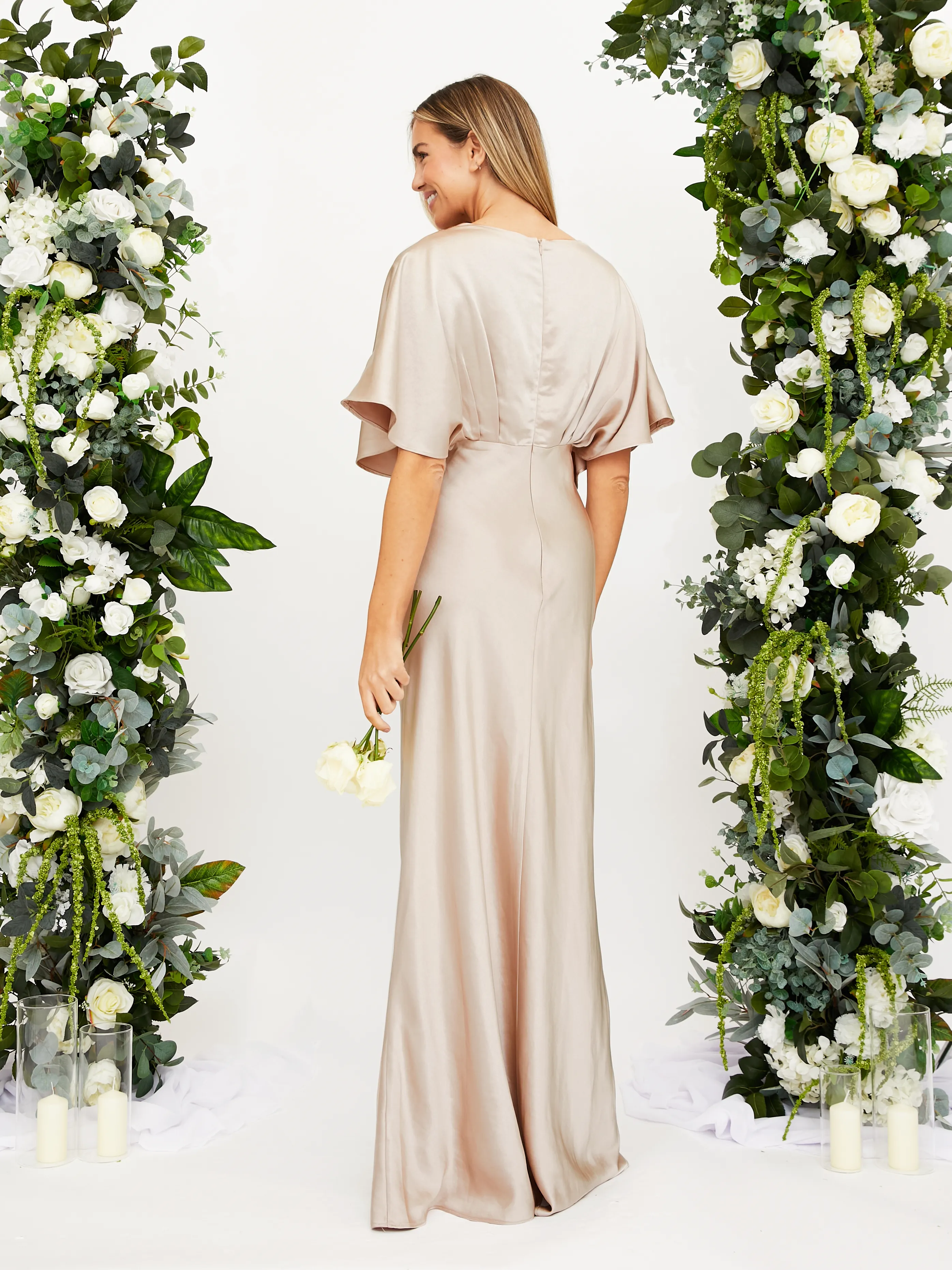 Angel Sleeve Maxi Satin Dress / Champagne