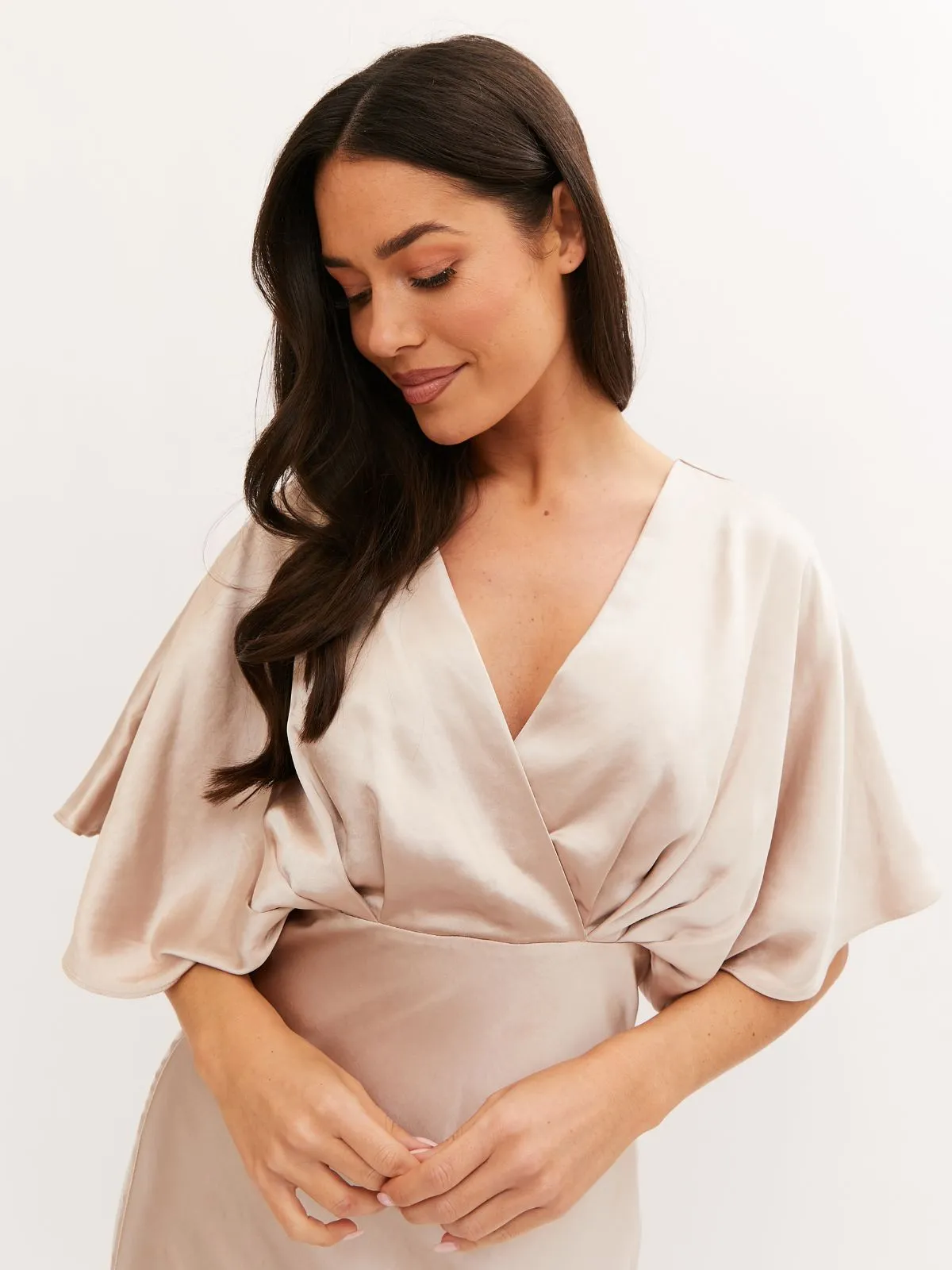 Angel Sleeve Maxi Satin Dress / Champagne