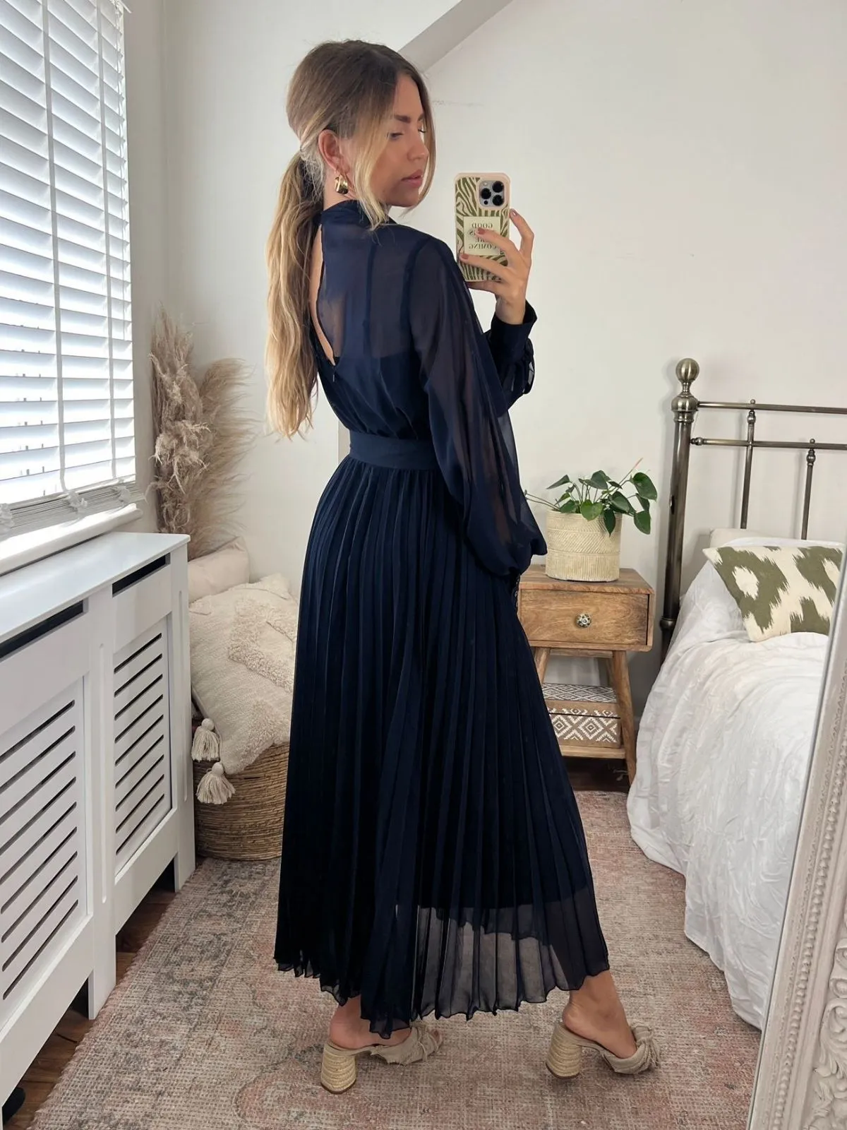 Angelina High Neck Pleated Dress / Navy