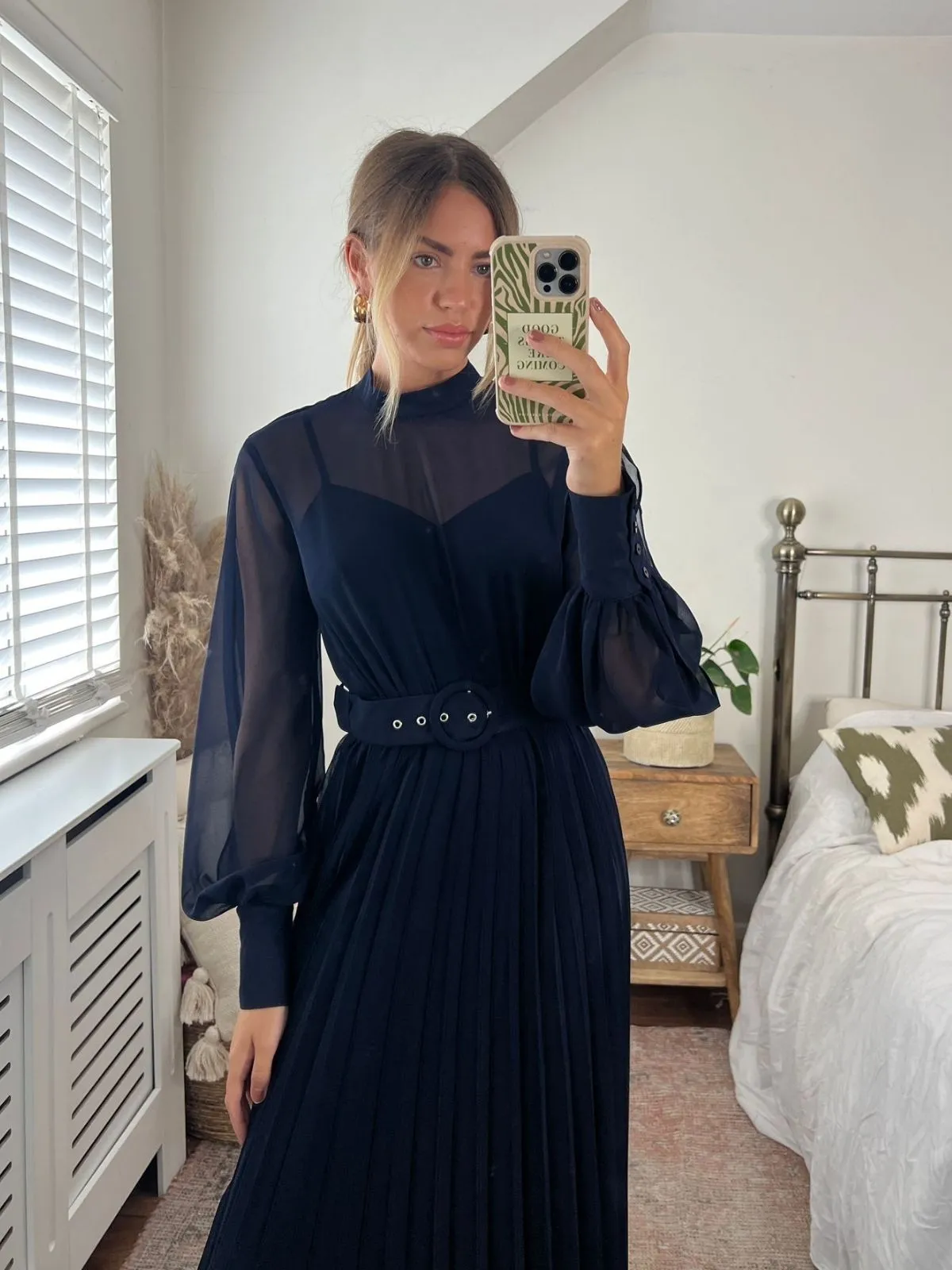 Angelina High Neck Pleated Dress / Navy