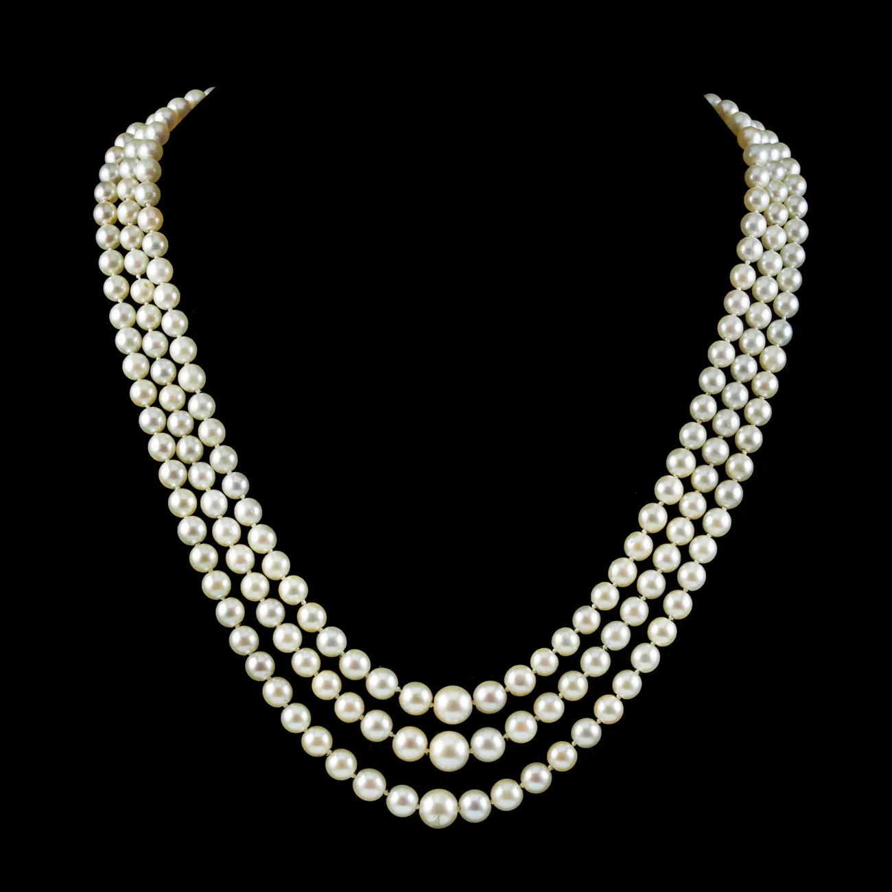 Antique Art Deco Triple Strand Pearl Necklace With 9ct Gold Turquoise Clasp