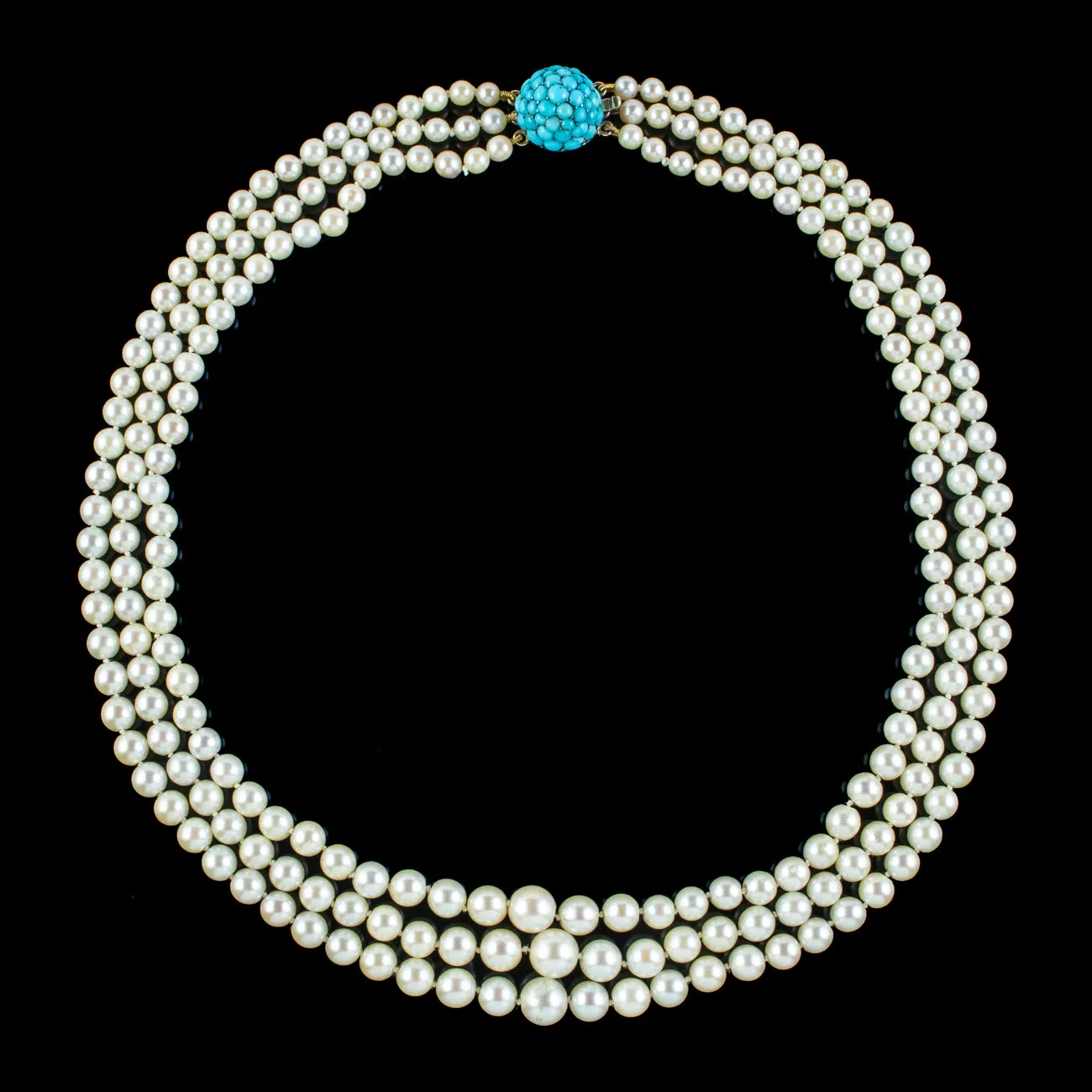 Antique Art Deco Triple Strand Pearl Necklace With 9ct Gold Turquoise Clasp