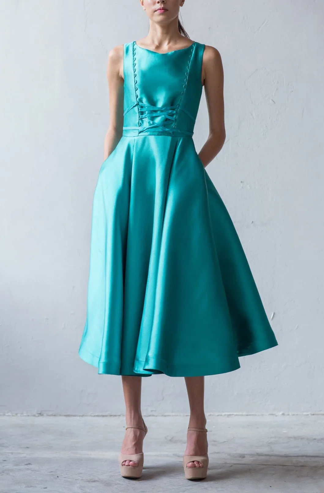 Ariana lace-up midi flounce dress in aqua