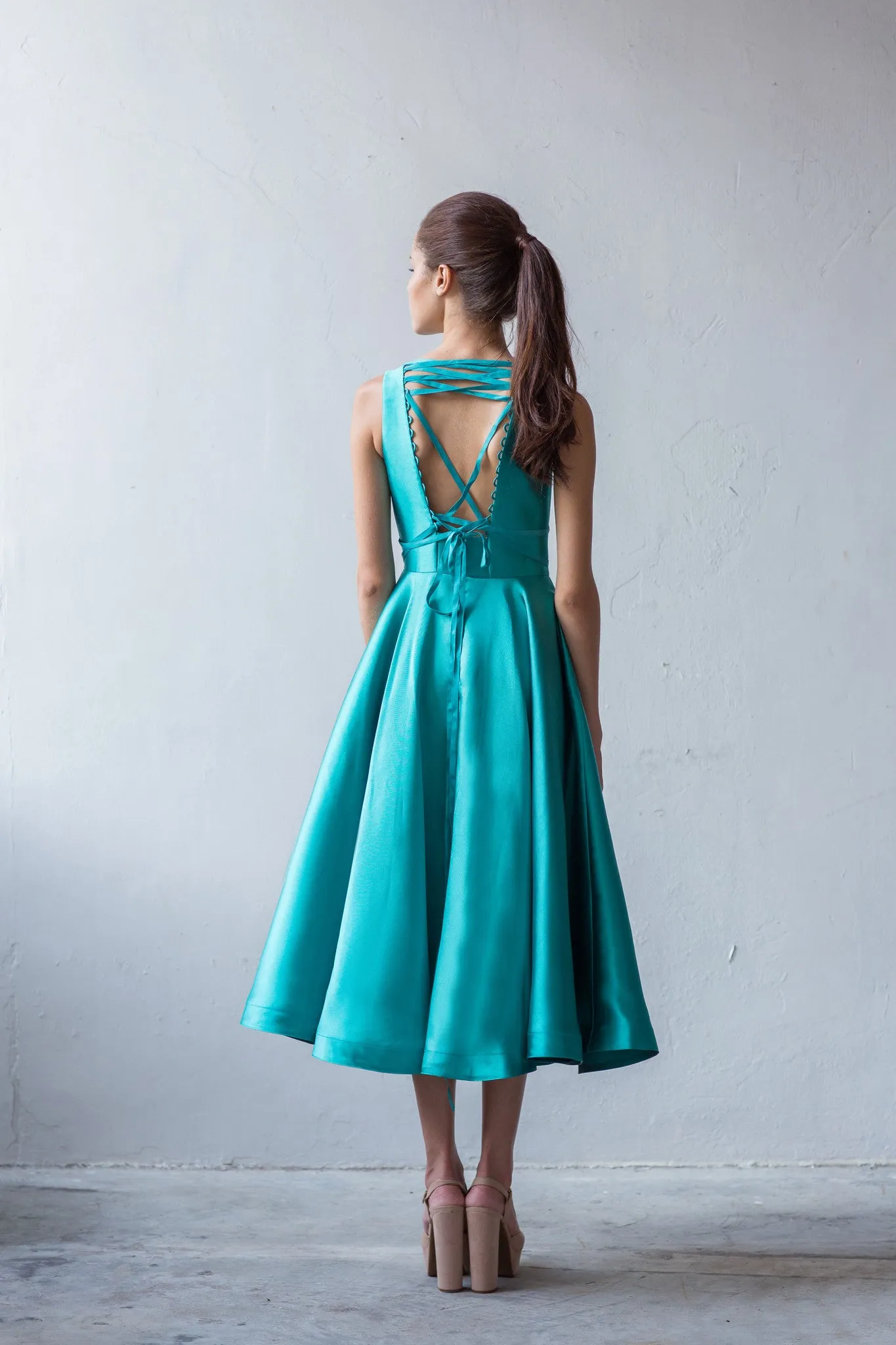 Ariana lace-up midi flounce dress in aqua