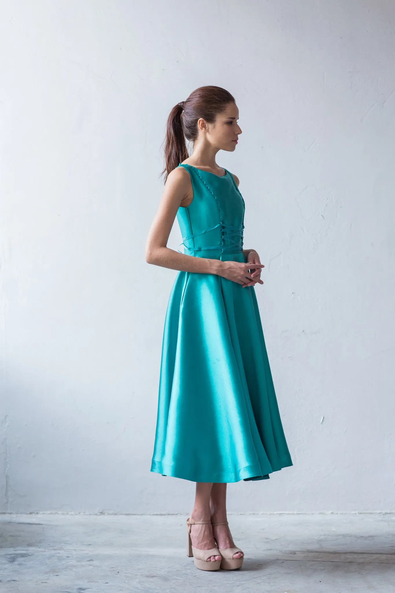 Ariana lace-up midi flounce dress in aqua