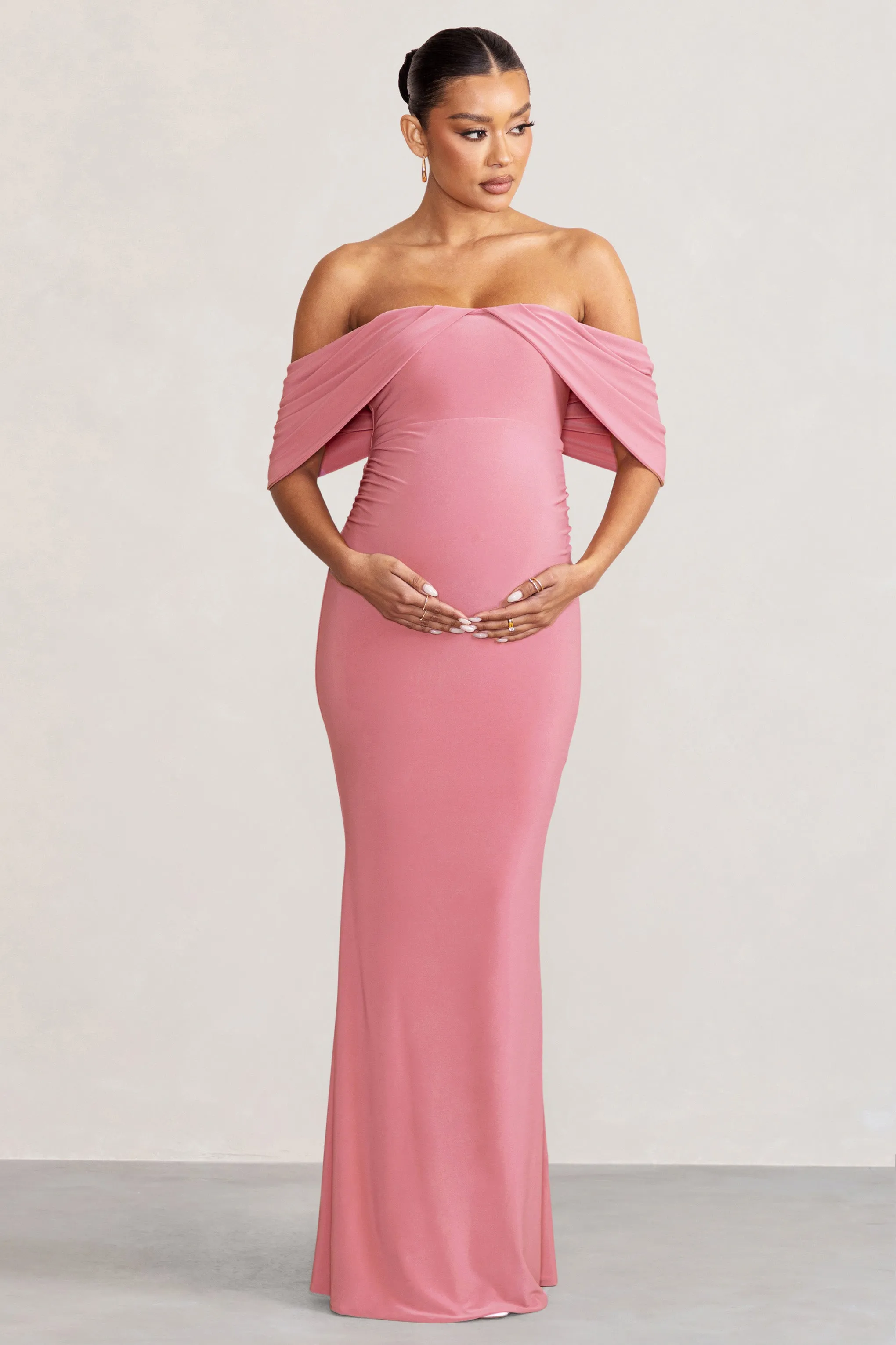 Asha | Blush Pink Draped Sleeve Bardot Maternity Maxi Dress