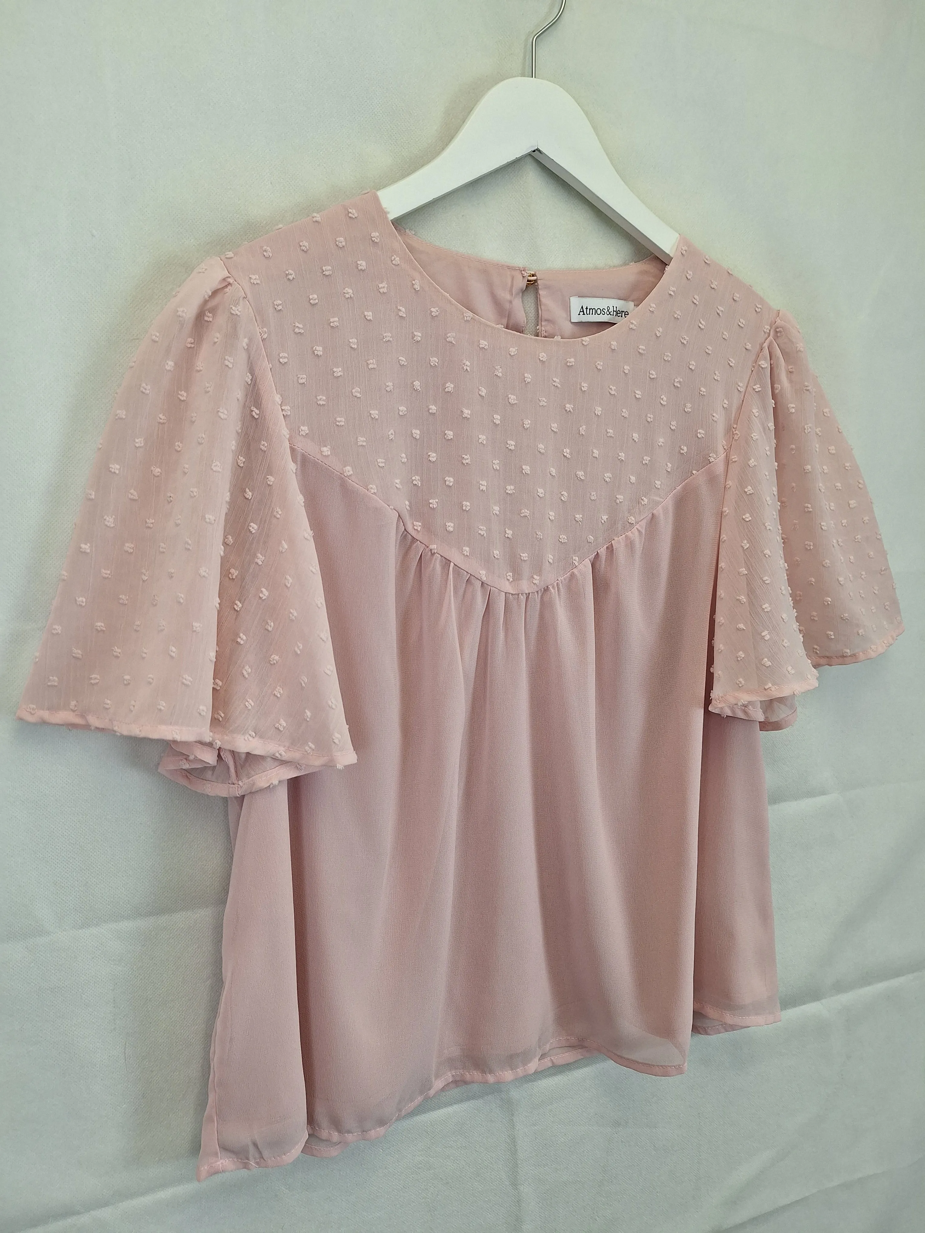 Atmos & Here Romantic Flutter Sleeve Blush Top Size 12