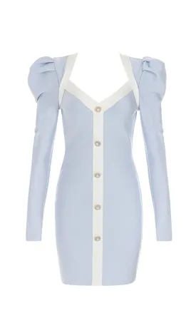 BANDAGE PUFF SLEEVE PEARL BUTTON ELEGANT MINI DRESS IN LIGHT BLUE