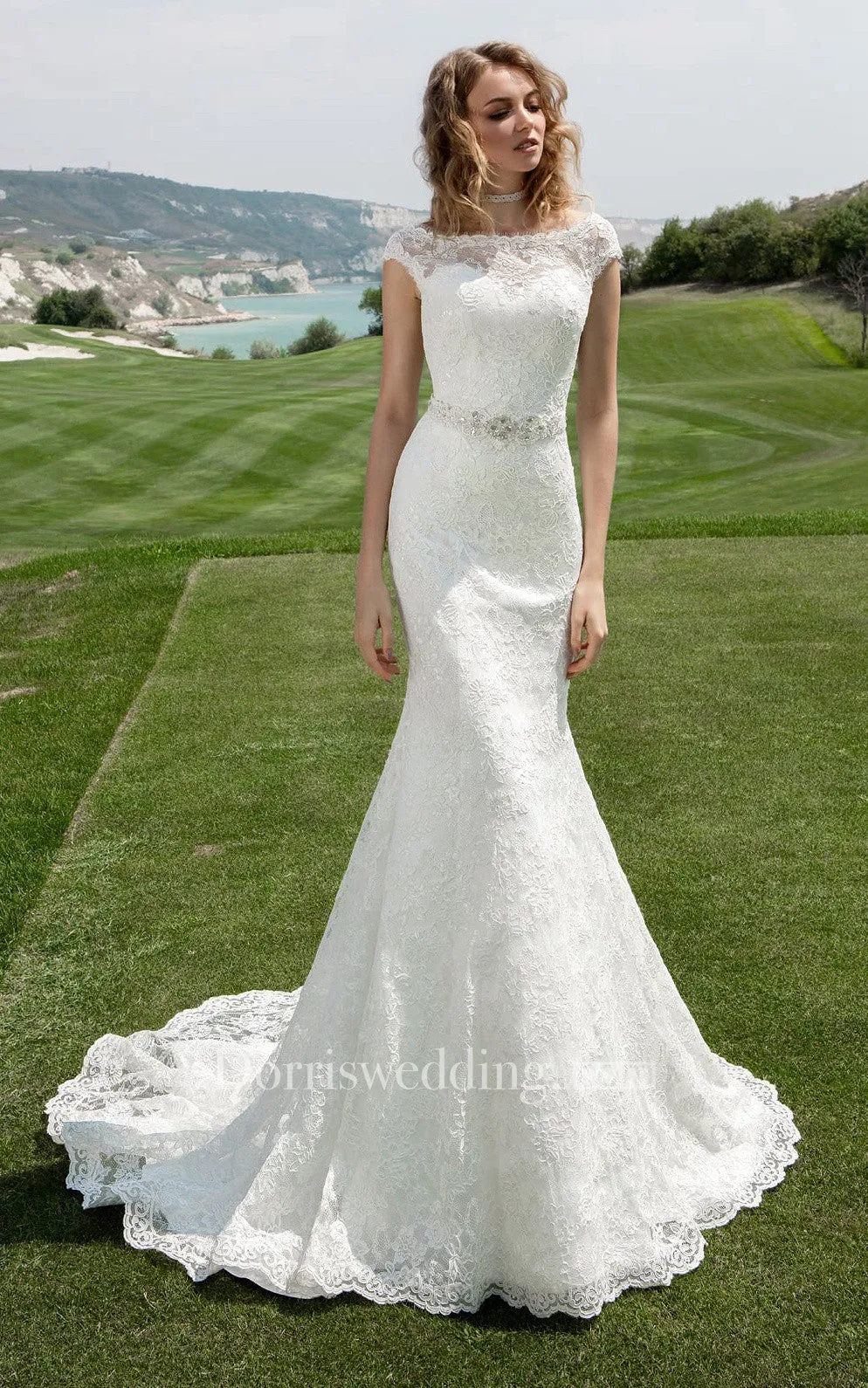 Bateau Neck Cap Sleeve Sheath Wedding Dress With Beaded Waist - 714646