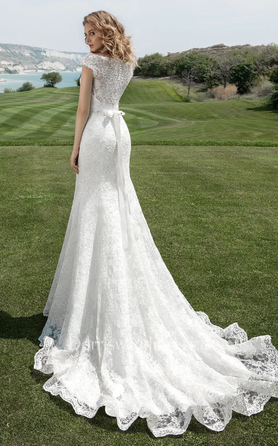 Bateau Neck Cap Sleeve Sheath Wedding Dress With Beaded Waist - 714646