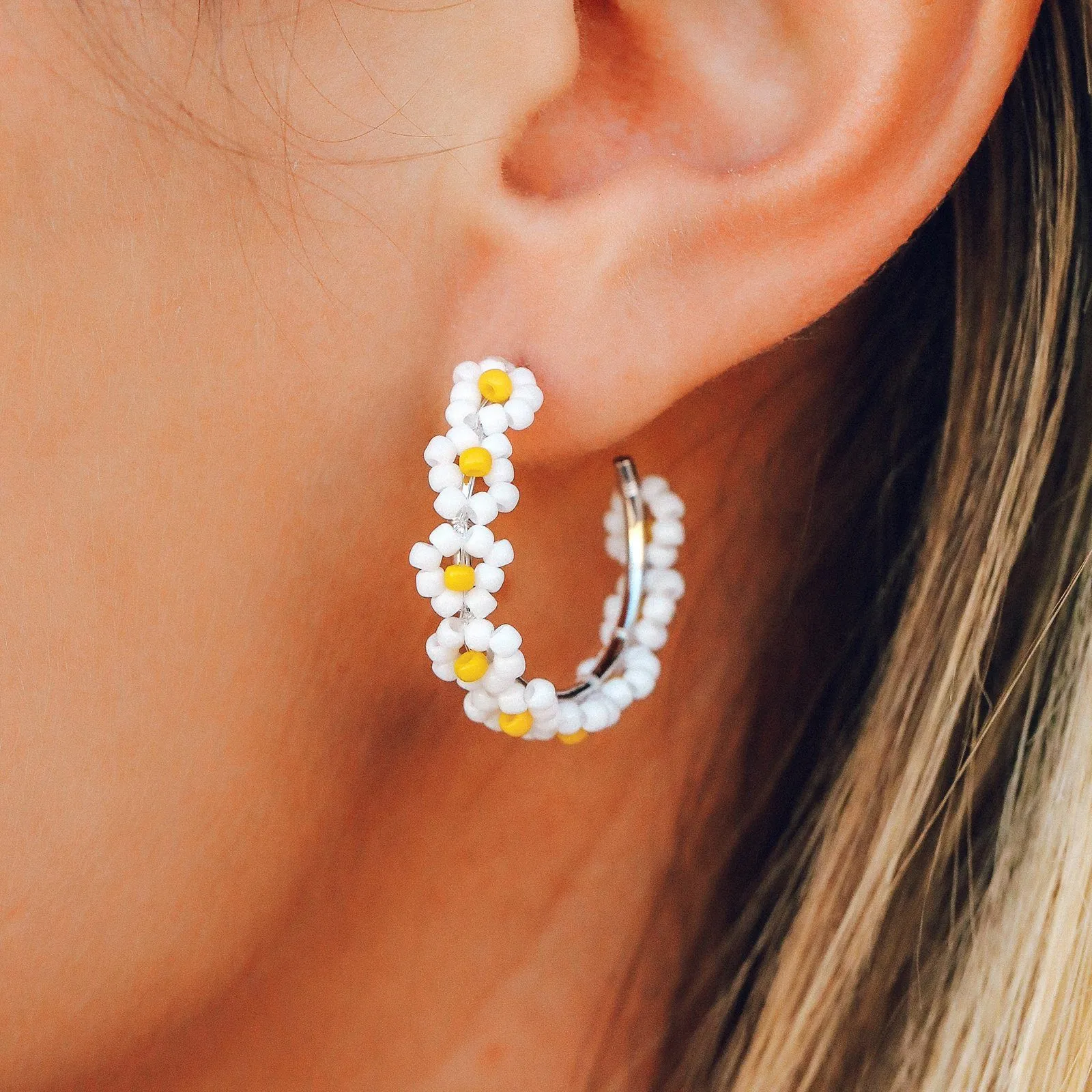 Beaded Flower Hoop Earrings