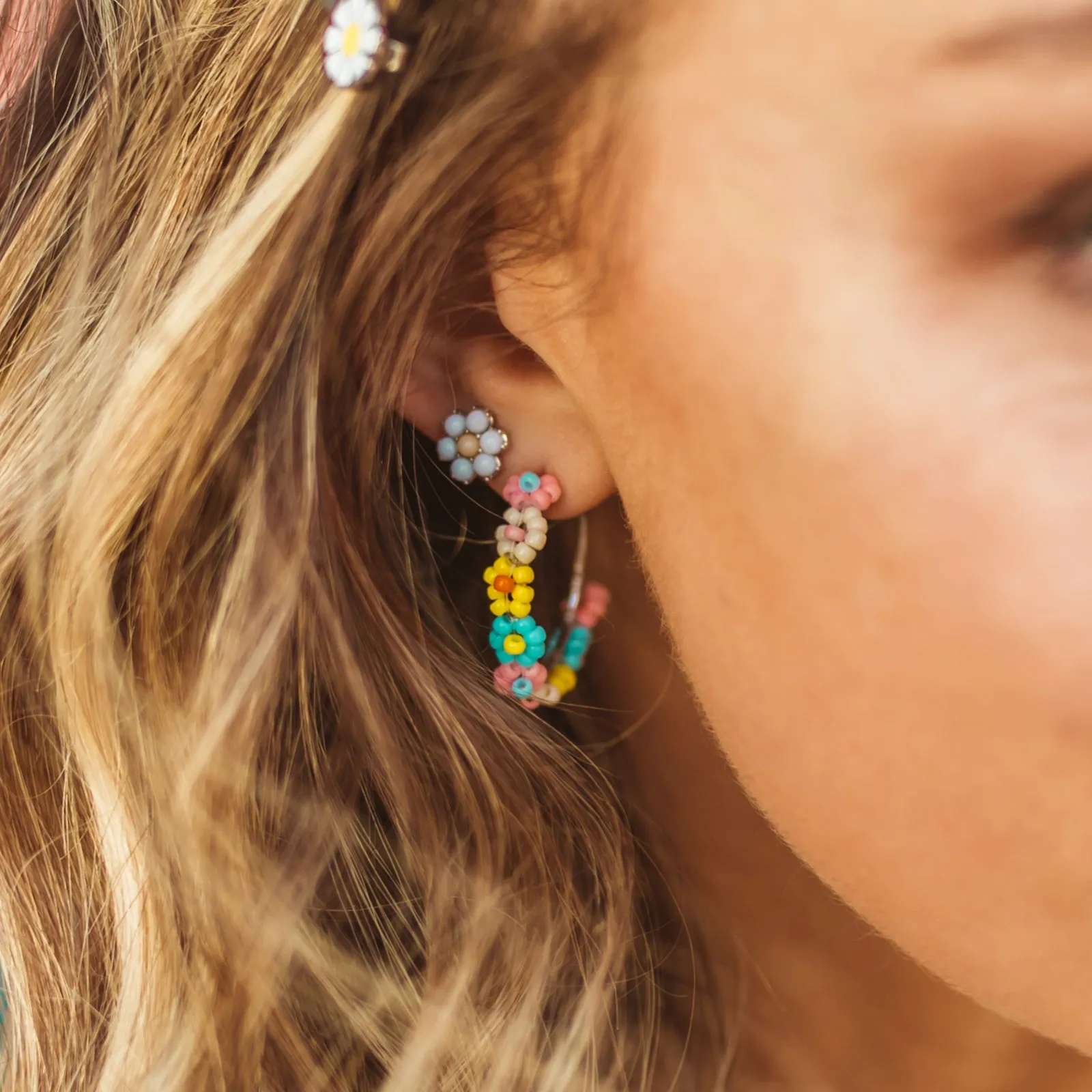 Beaded Flower Hoop Earrings