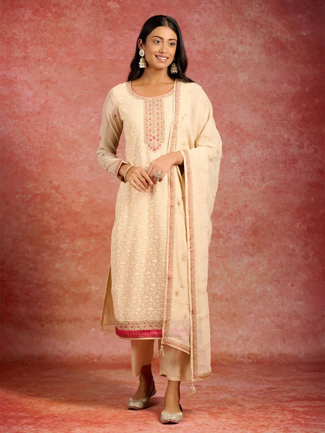 Beige Embroidered Georgette Straight Suit With Dupatta