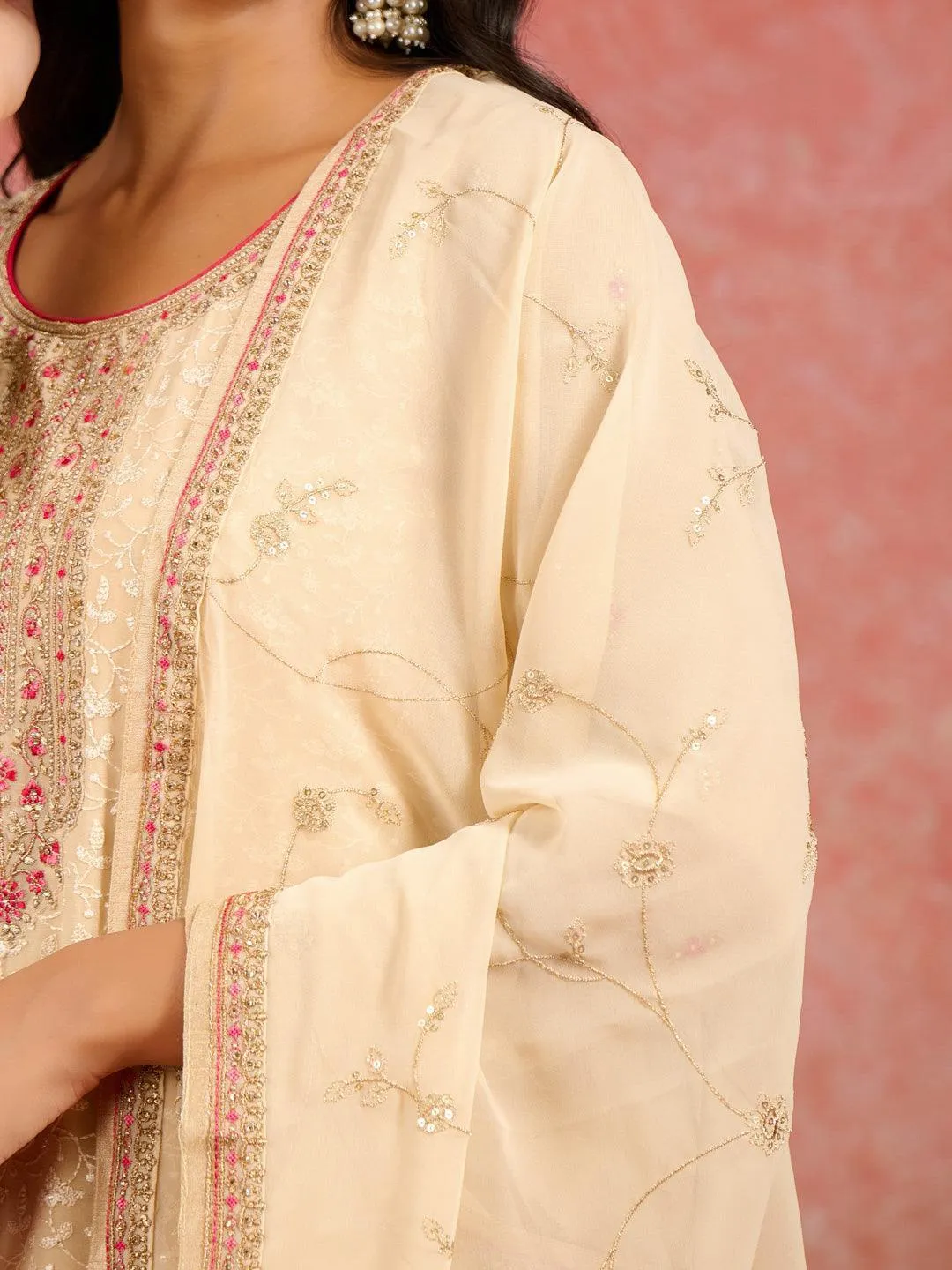 Beige Embroidered Georgette Straight Suit With Dupatta