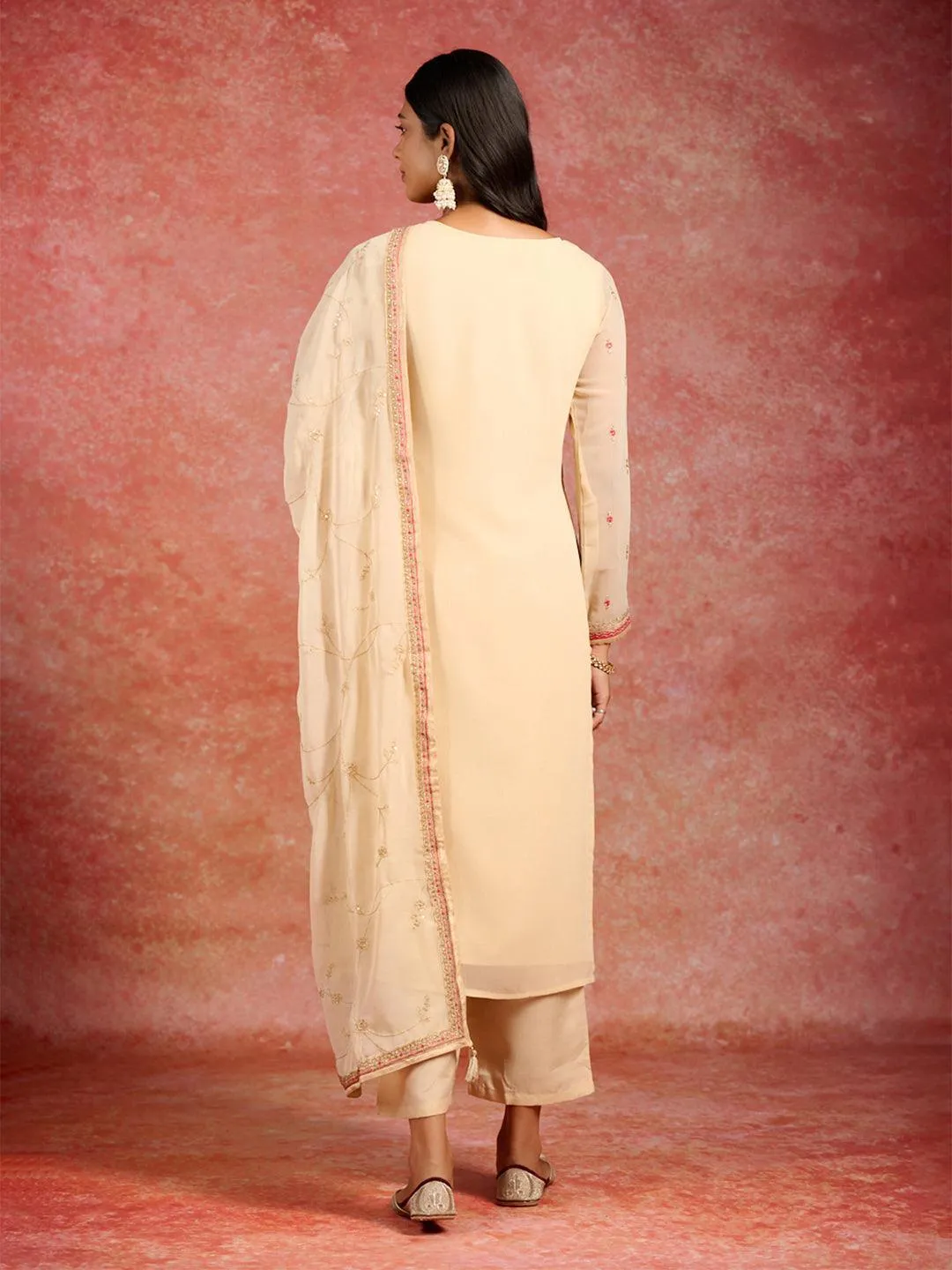 Beige Embroidered Georgette Straight Suit With Dupatta